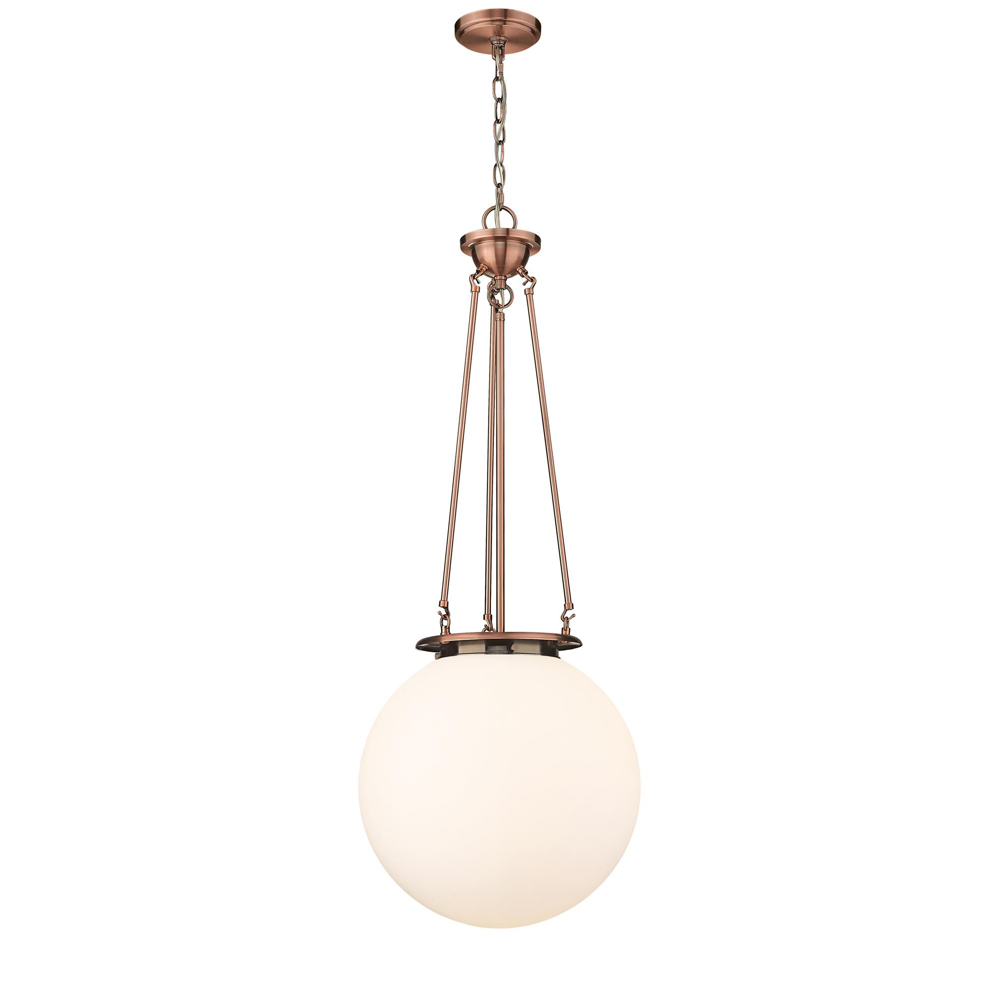 Shown in Antique Copper finish and Matte White glass