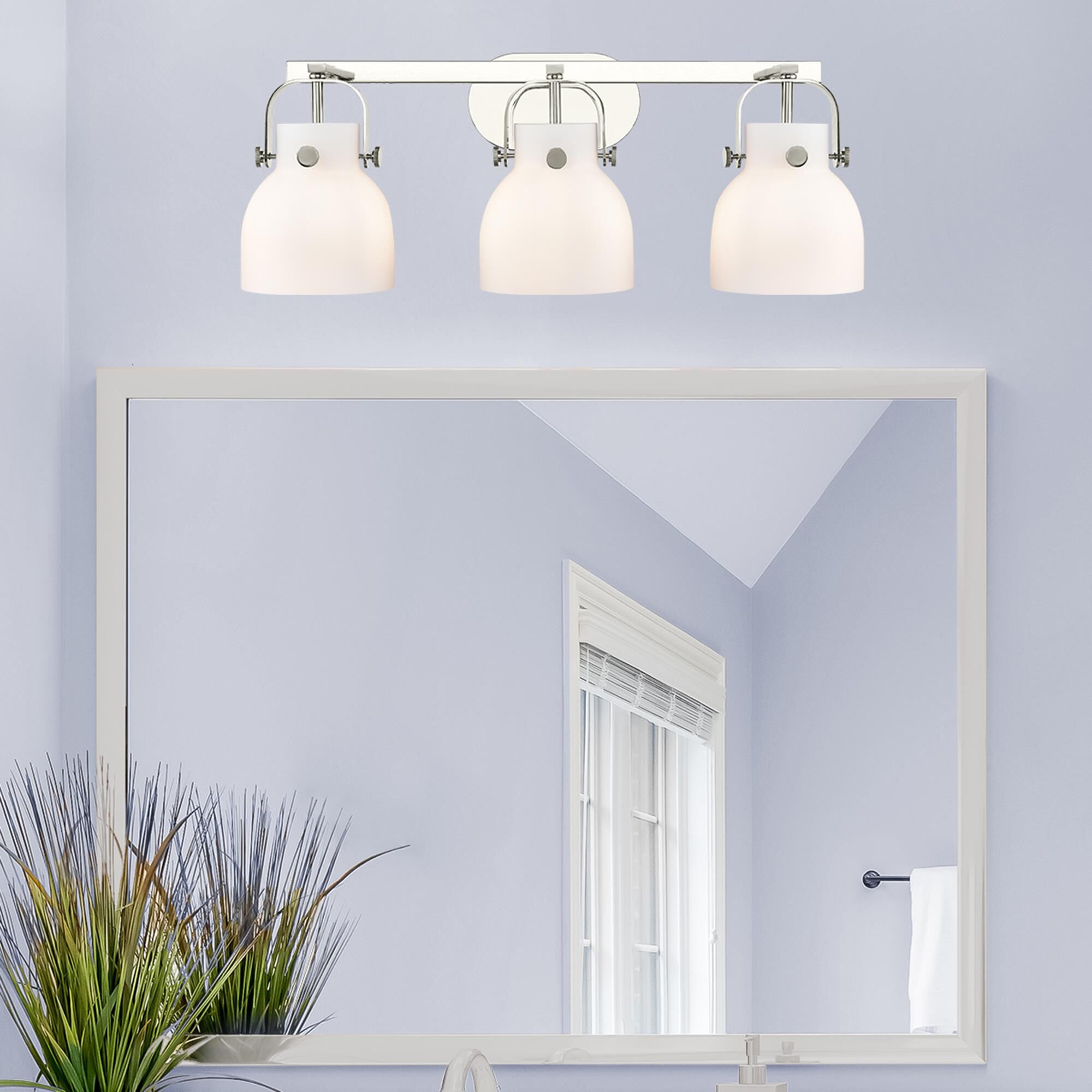 Shown in Polished Nickel finish and Matte White glass