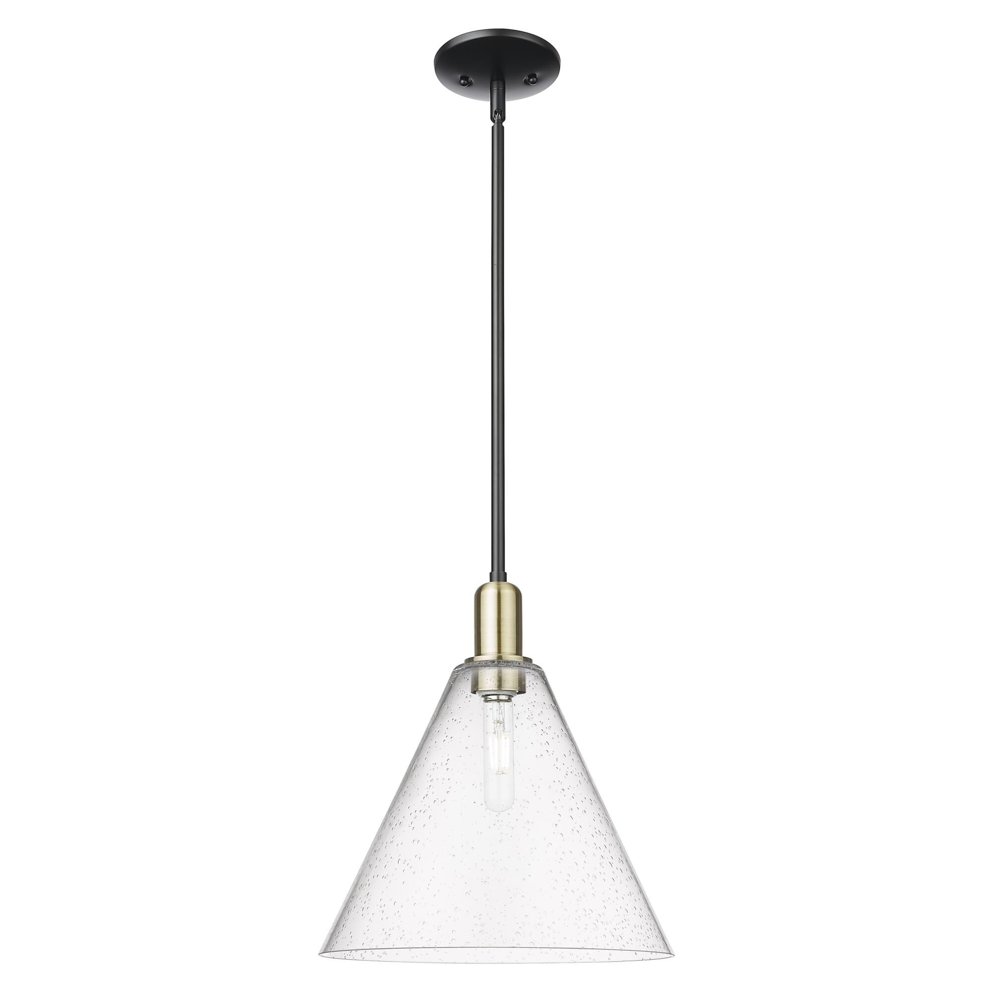 Shown in Black Antique Brass finish and Seedy glass