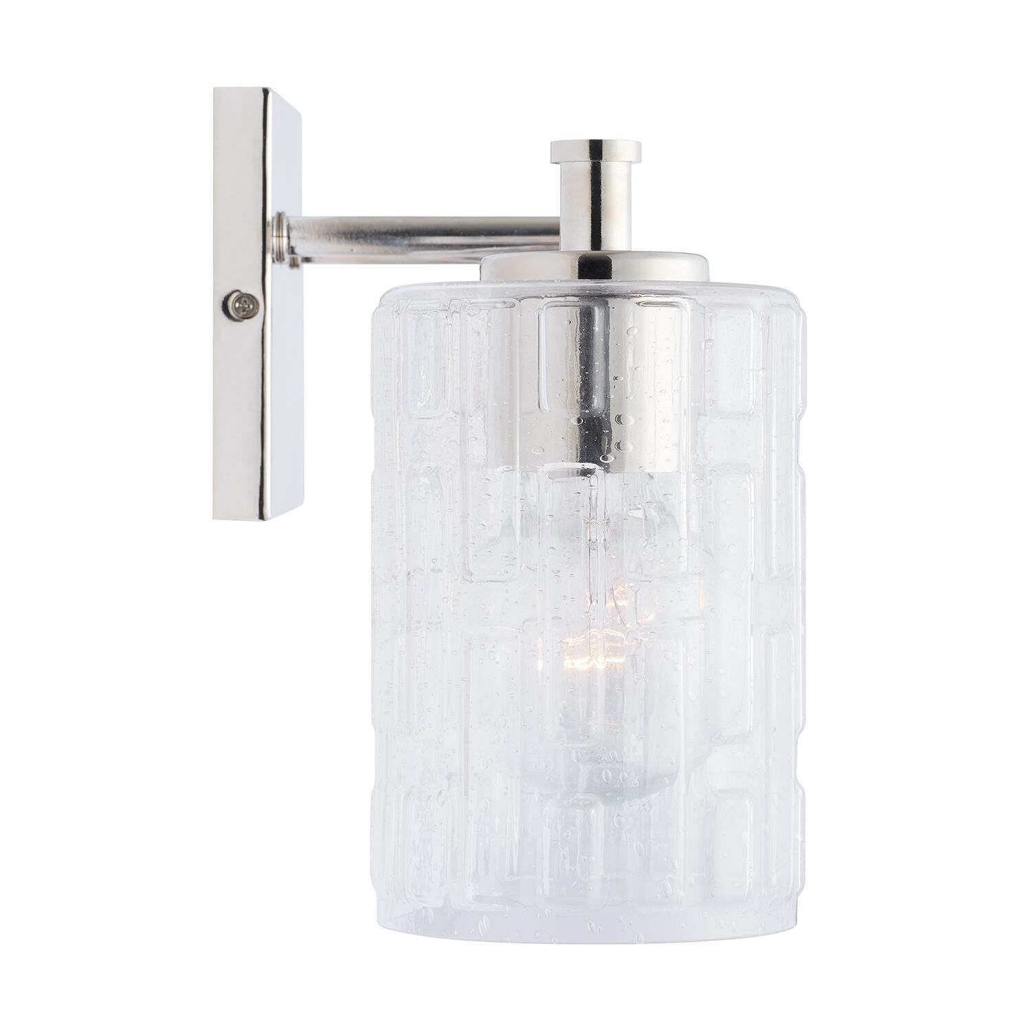 Shown in Polished Nickel finish and Clear Embossed glass