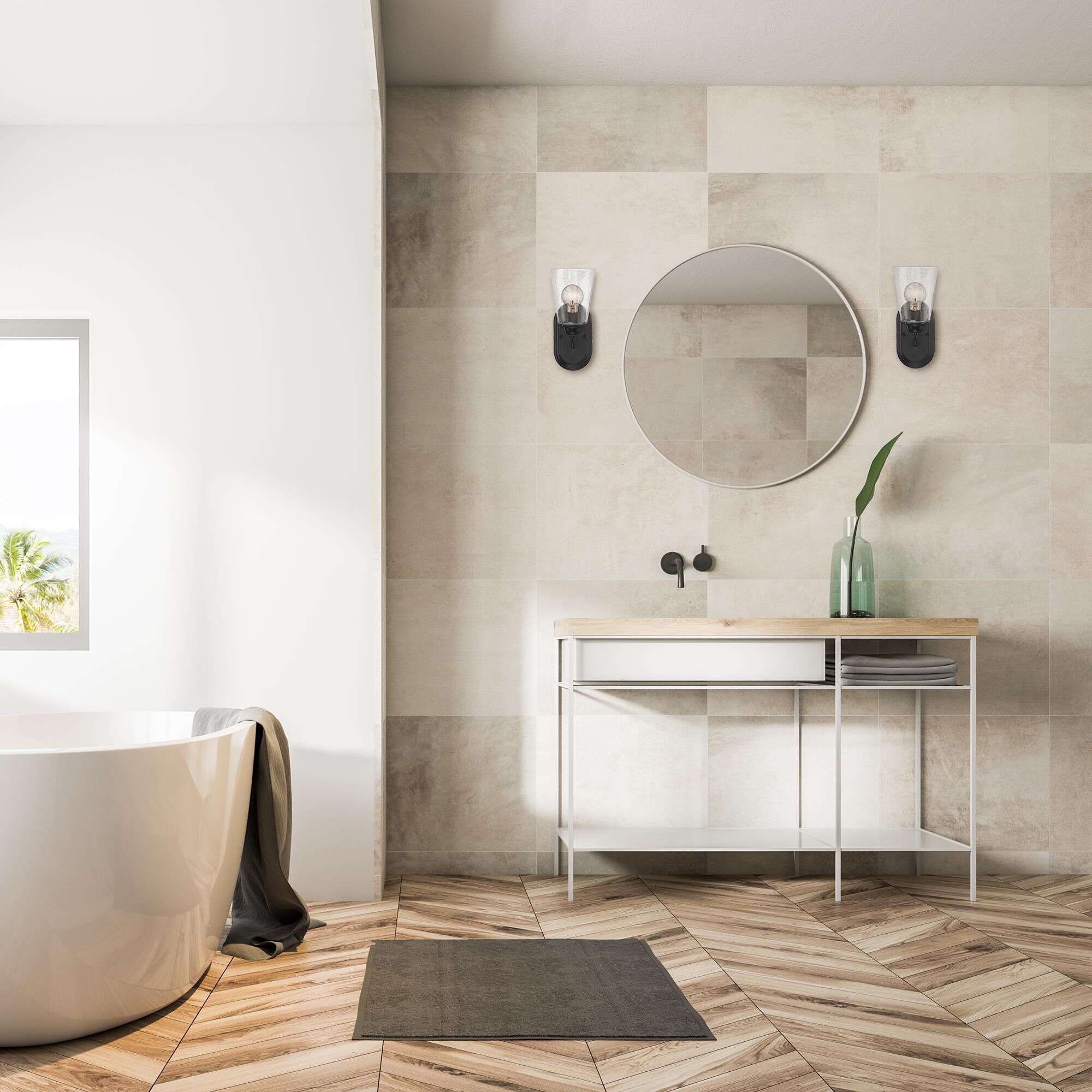 Shown in Matte Black finish and Clear Seedy glass