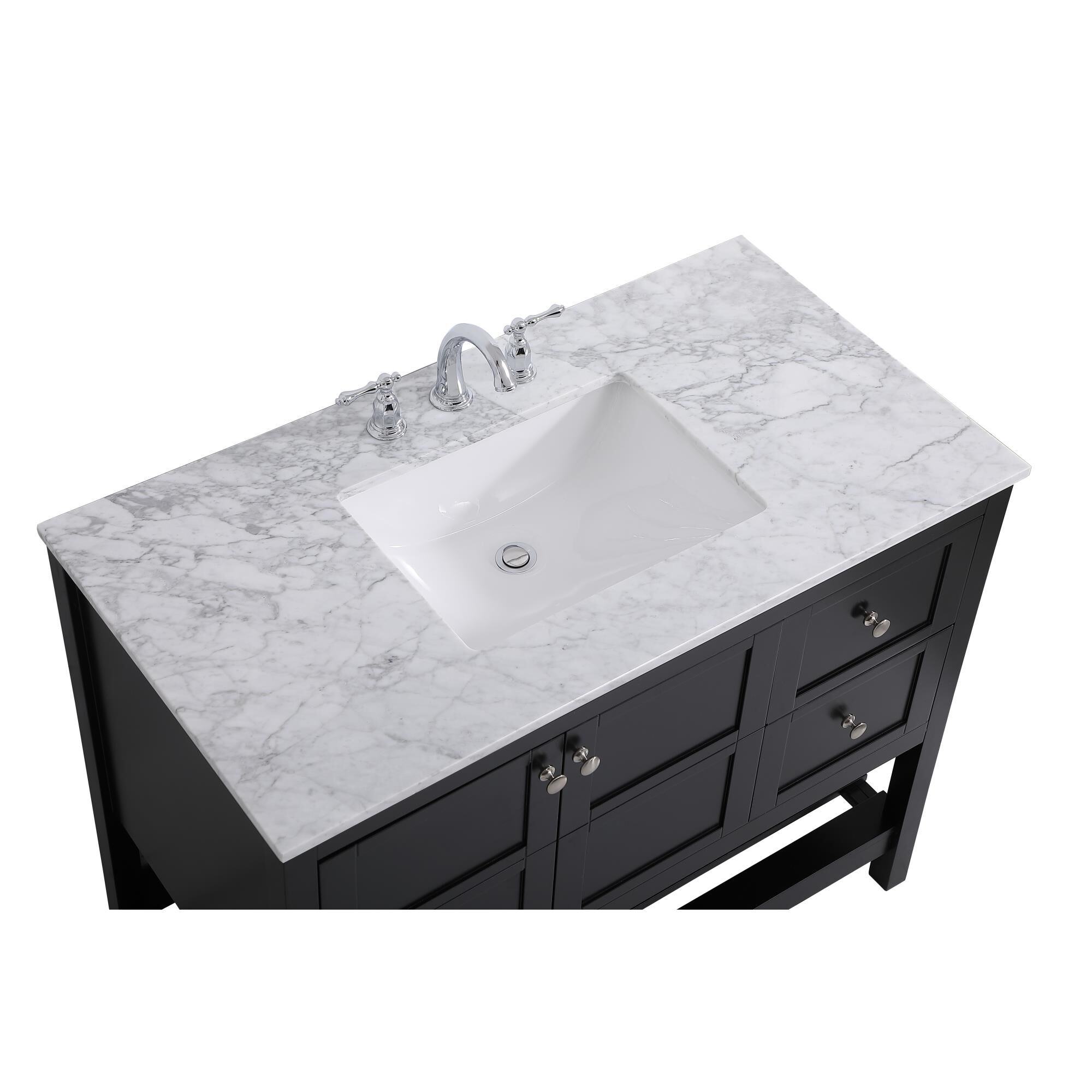 Shown in Black And Brushed Nickel With Carrara White Marble finish