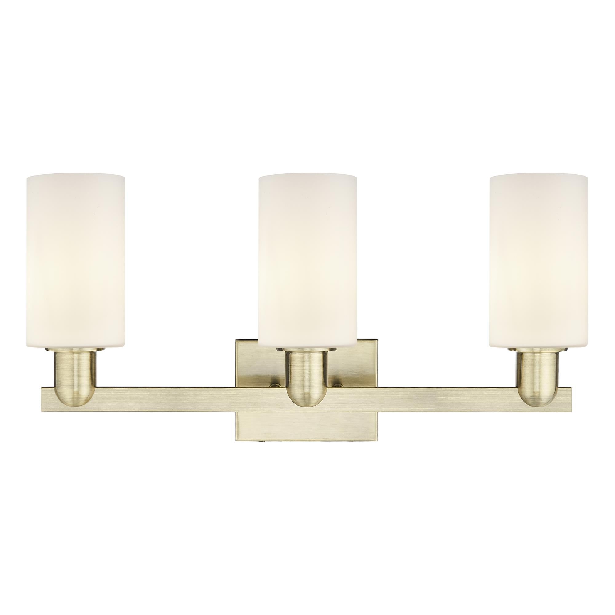 Shown in Antique Brass finish and Matte White glass