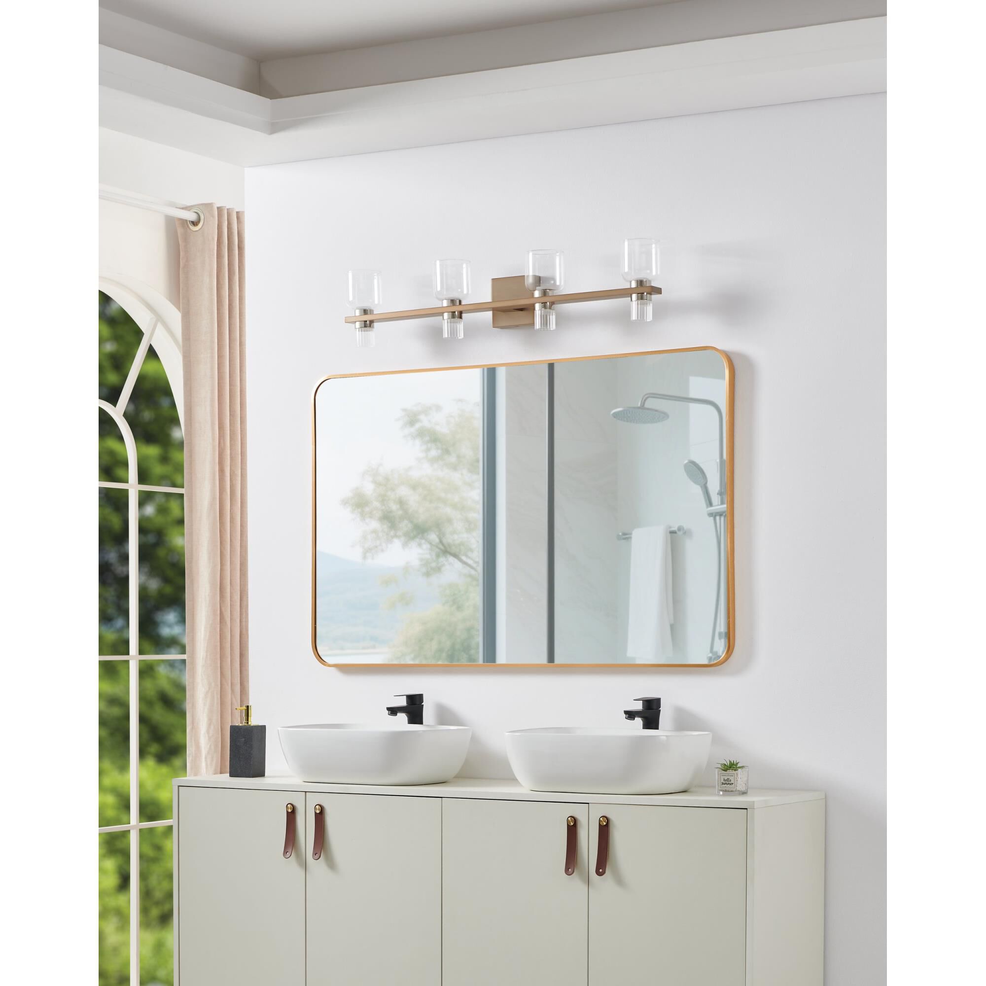 Shown in Champagne Gold finish and Clear, Clear Ribbed glass