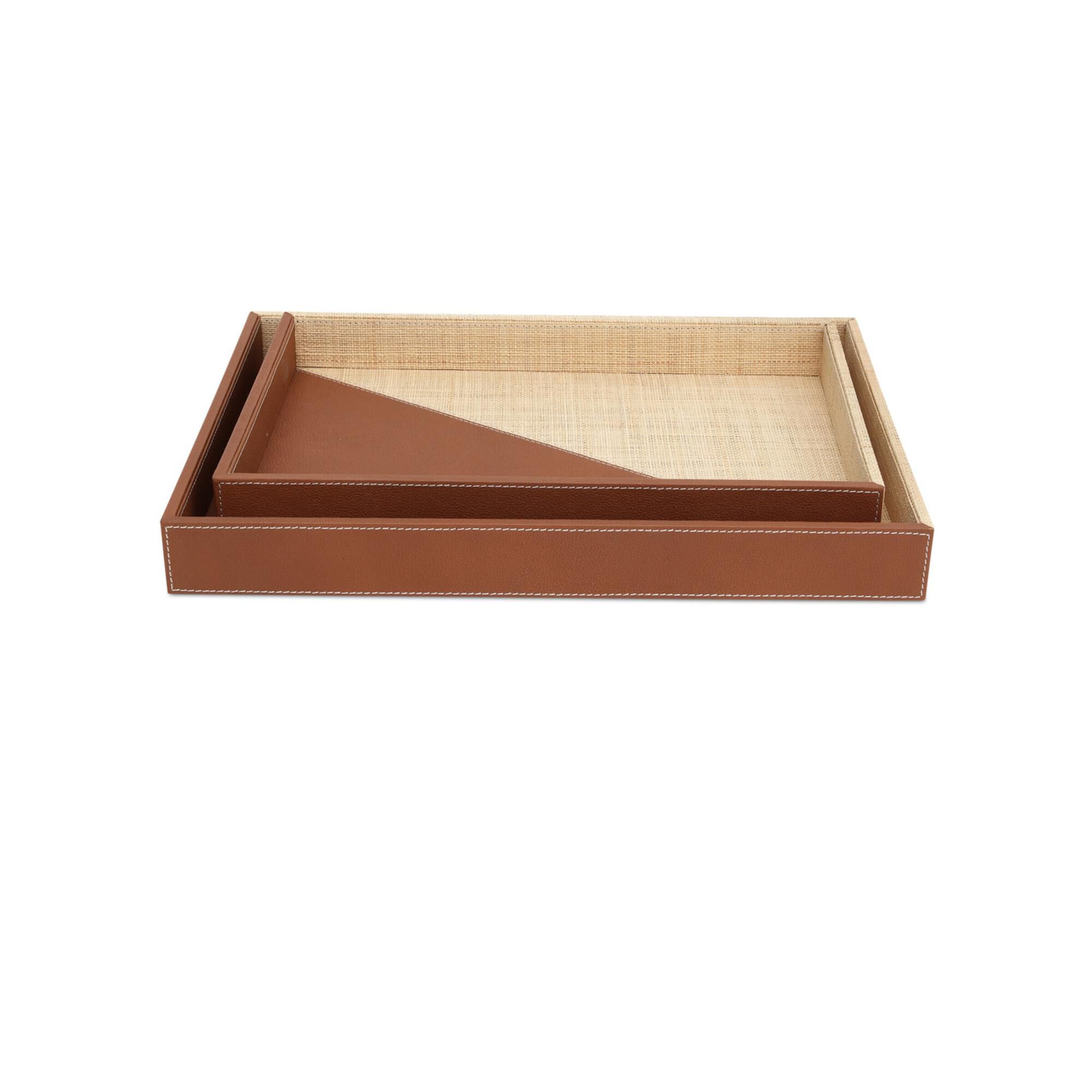 Leather & Raffia Tray Set of 2,