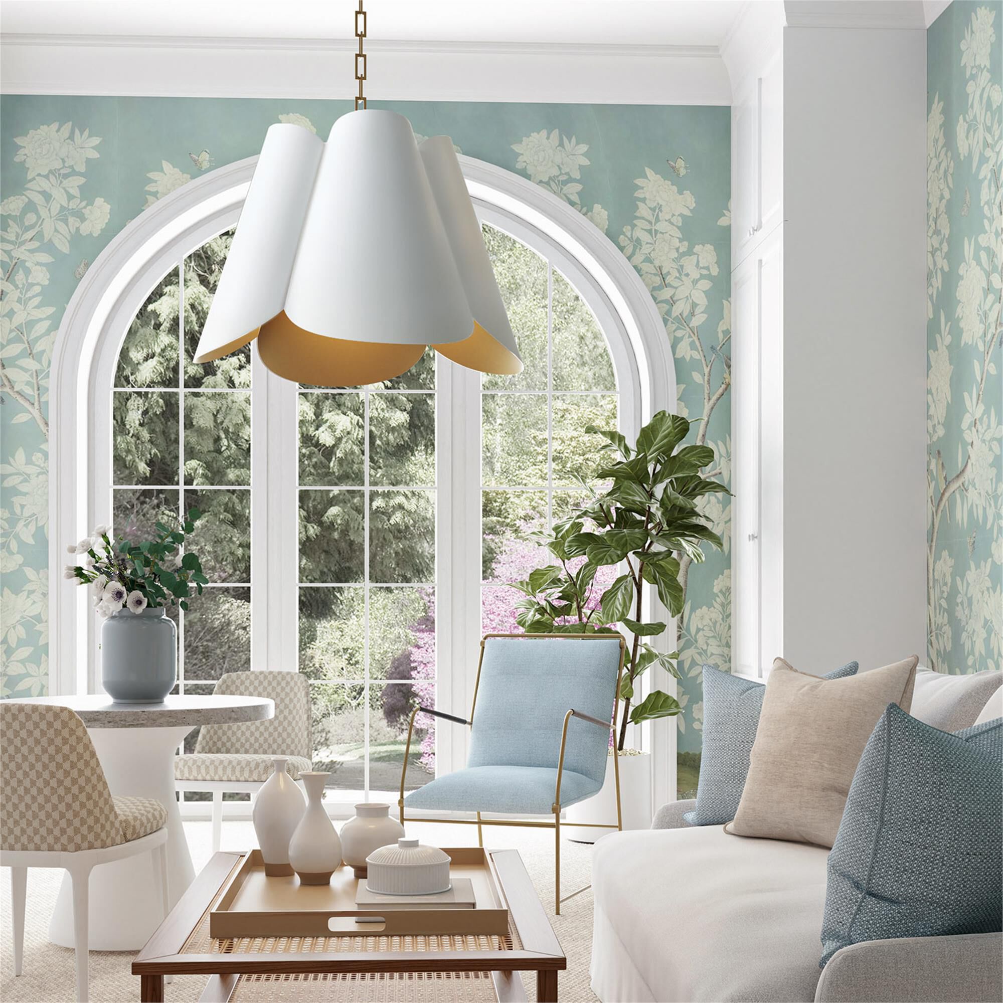 Shown in Matte Brass and White finish and White Metal with Painted Matte Brass Interior shade
