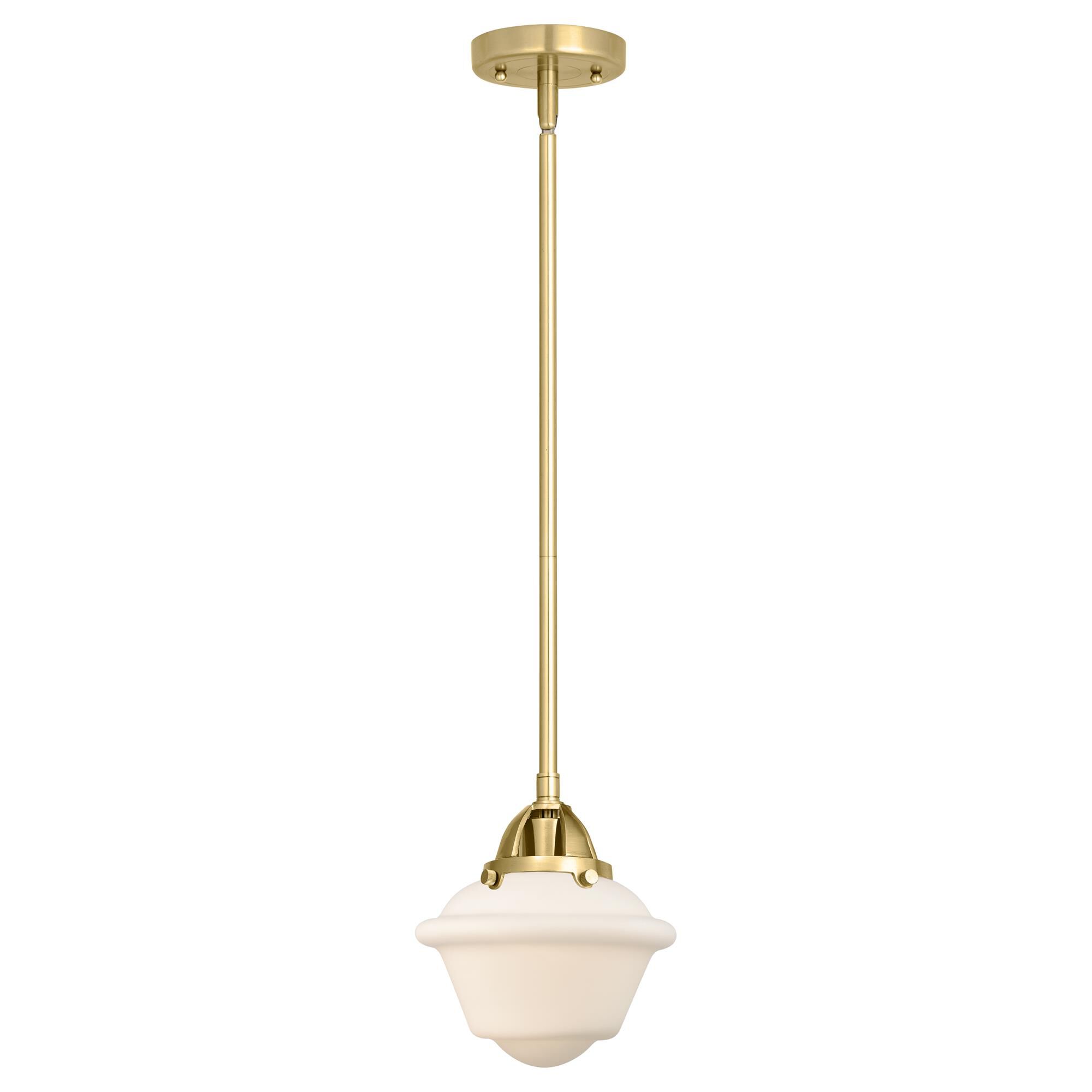 Shown in Satin Gold finish and Matte White Cased Small Oxford glass and No Shade shade
