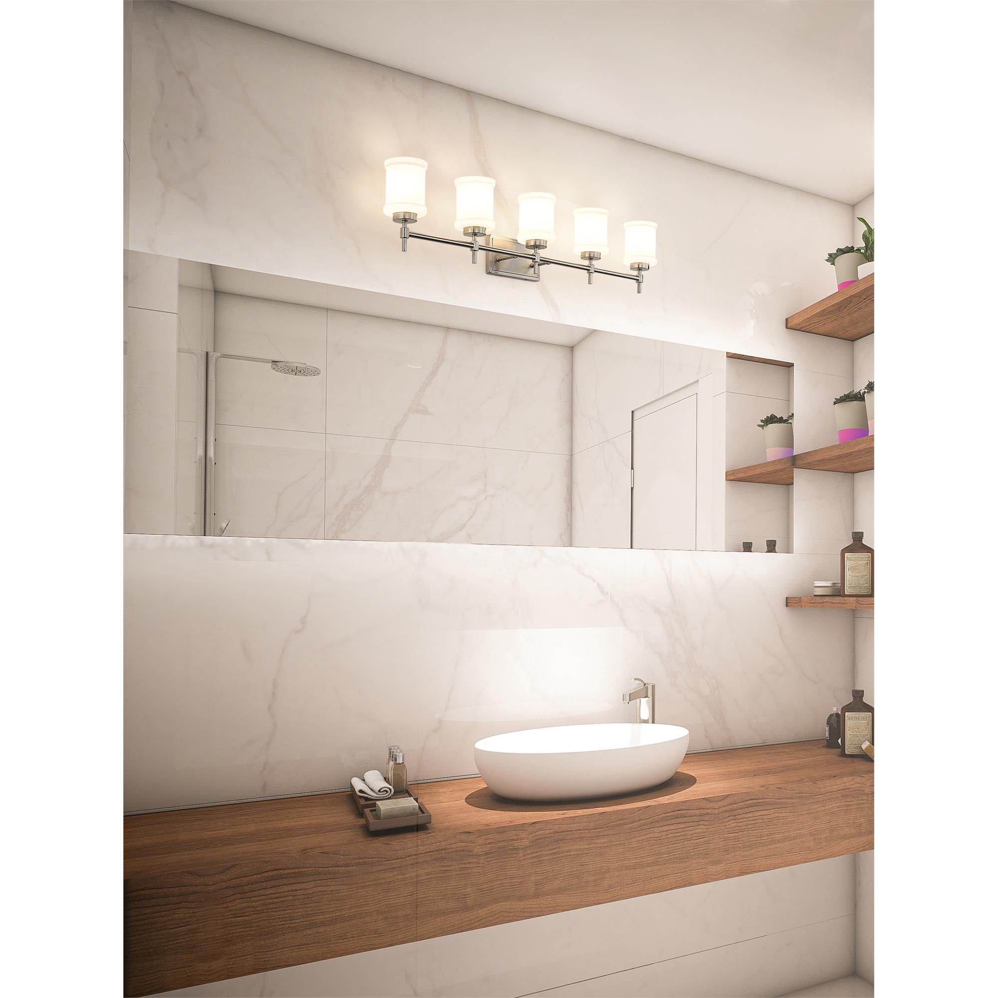 Shown in Brushed Nickel finish and Gloss Opal glass and Gloss Opal shade