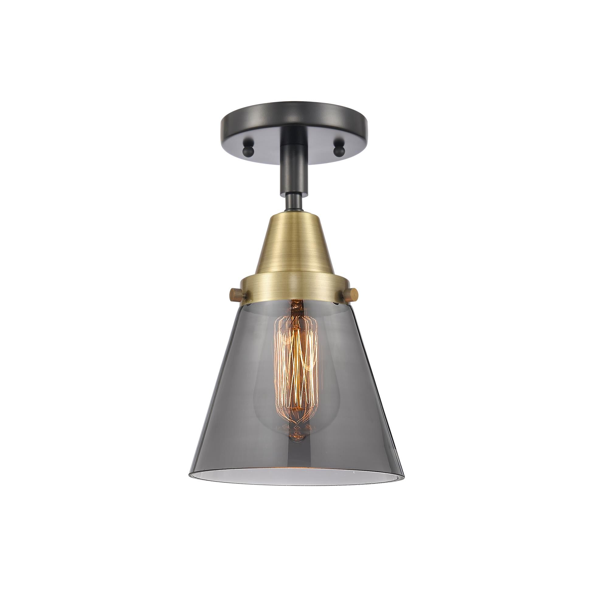Shown in Black Antique Brass finish and Plated Smoke Small Cone glass