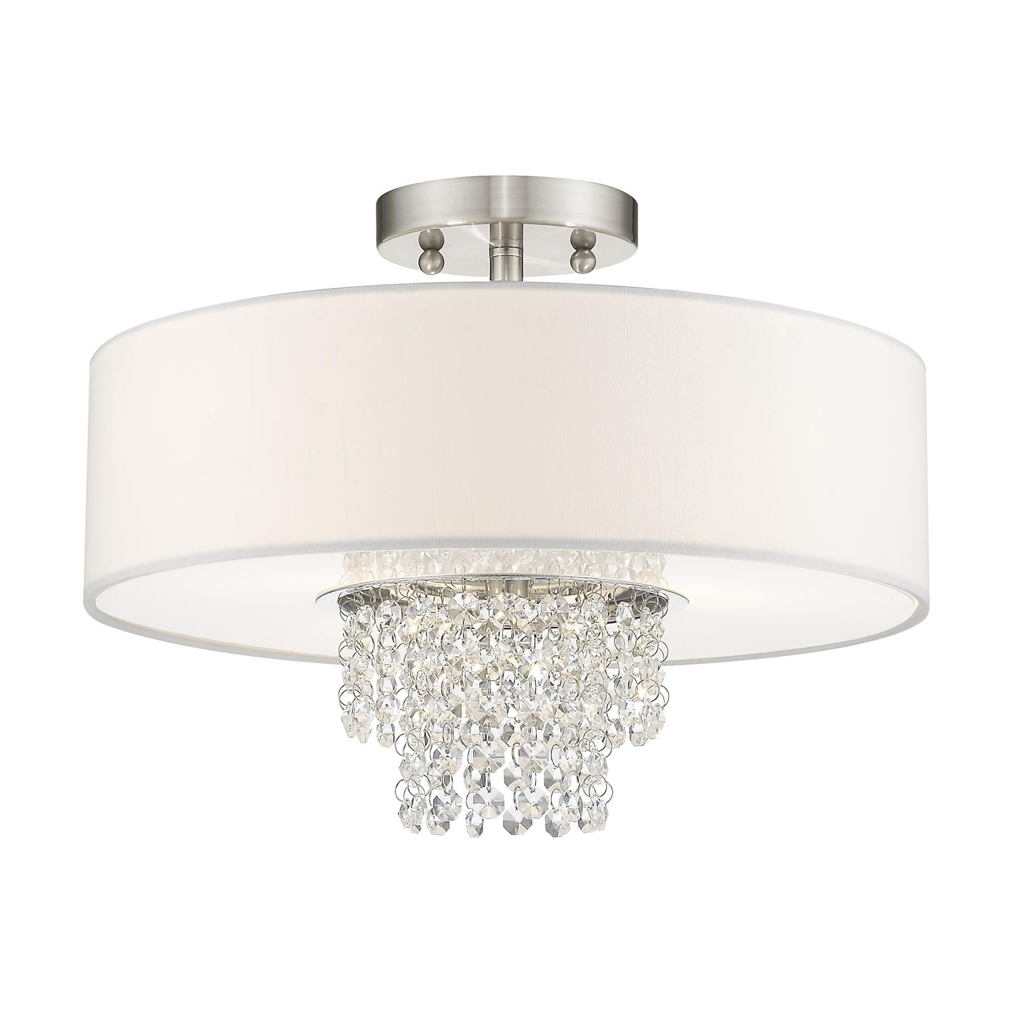 Shown in Brushed Nickel finish and Clear crystal and Off-White Sheer Organza shade