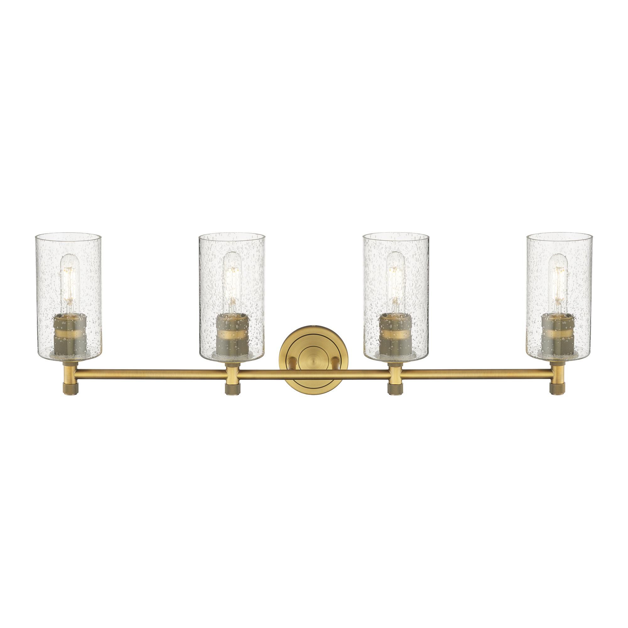 Shown in Brushed Brass finish and Seedy glass
