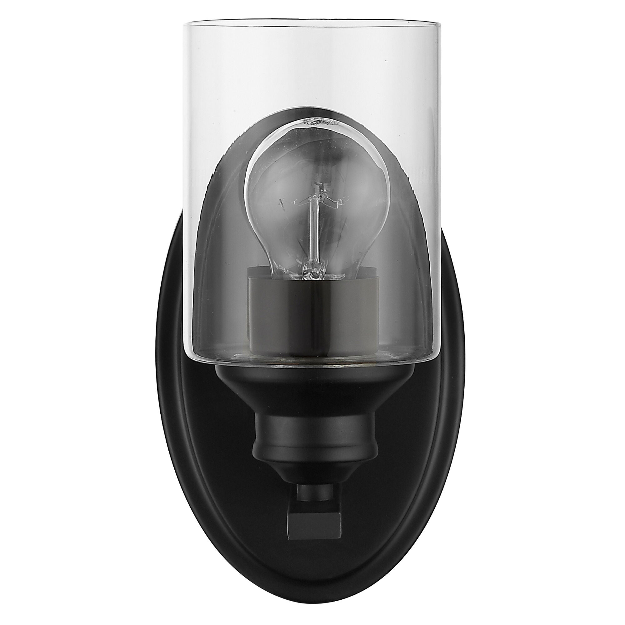 Shown in Matte Black finish and Clear glass and Clear, Cylindrical Glass shade