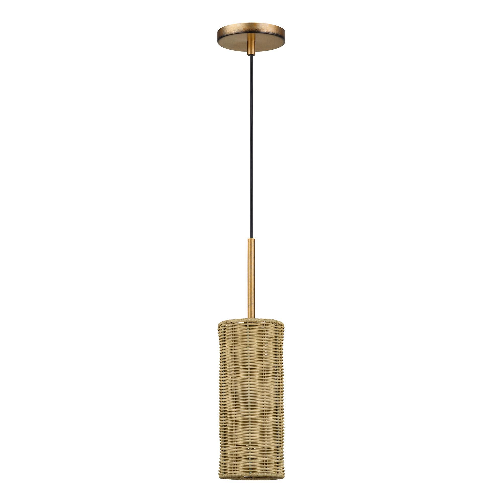 Shown in Antique Gold Leaf finish and Hand-Woven Rustic Walnut Color Rattan shade