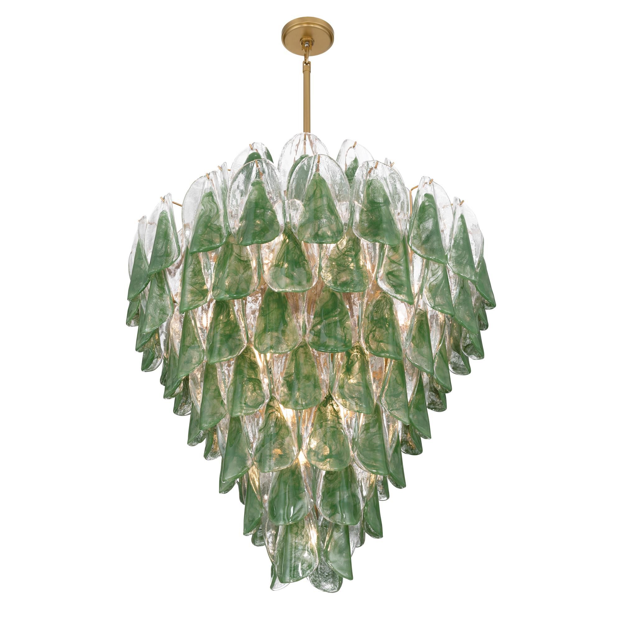 Shown in Legacy Brass finish and Green and Clear Hand-Formed glass