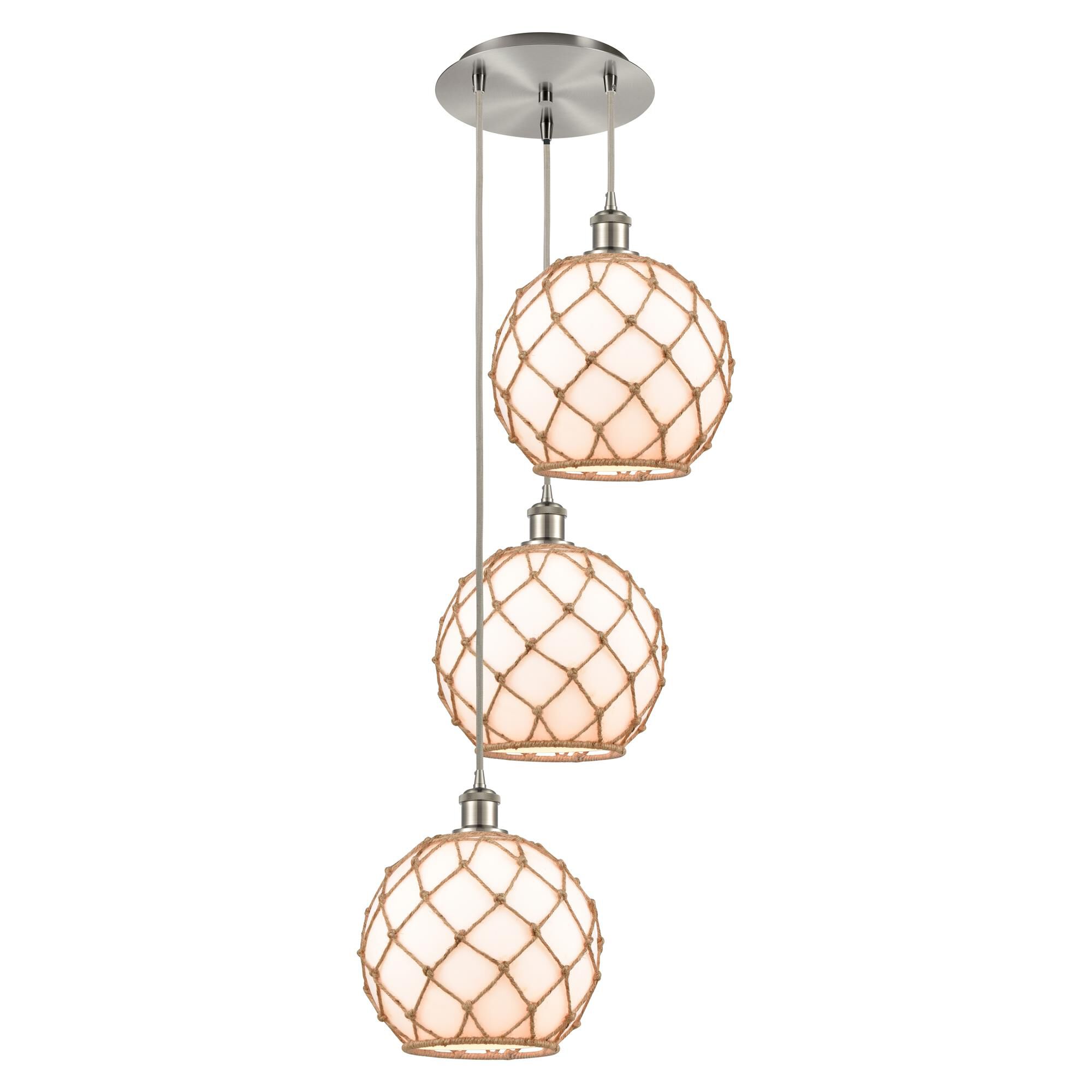 Shown in Brushed Satin Nickel finish and White with Brown Rope glass