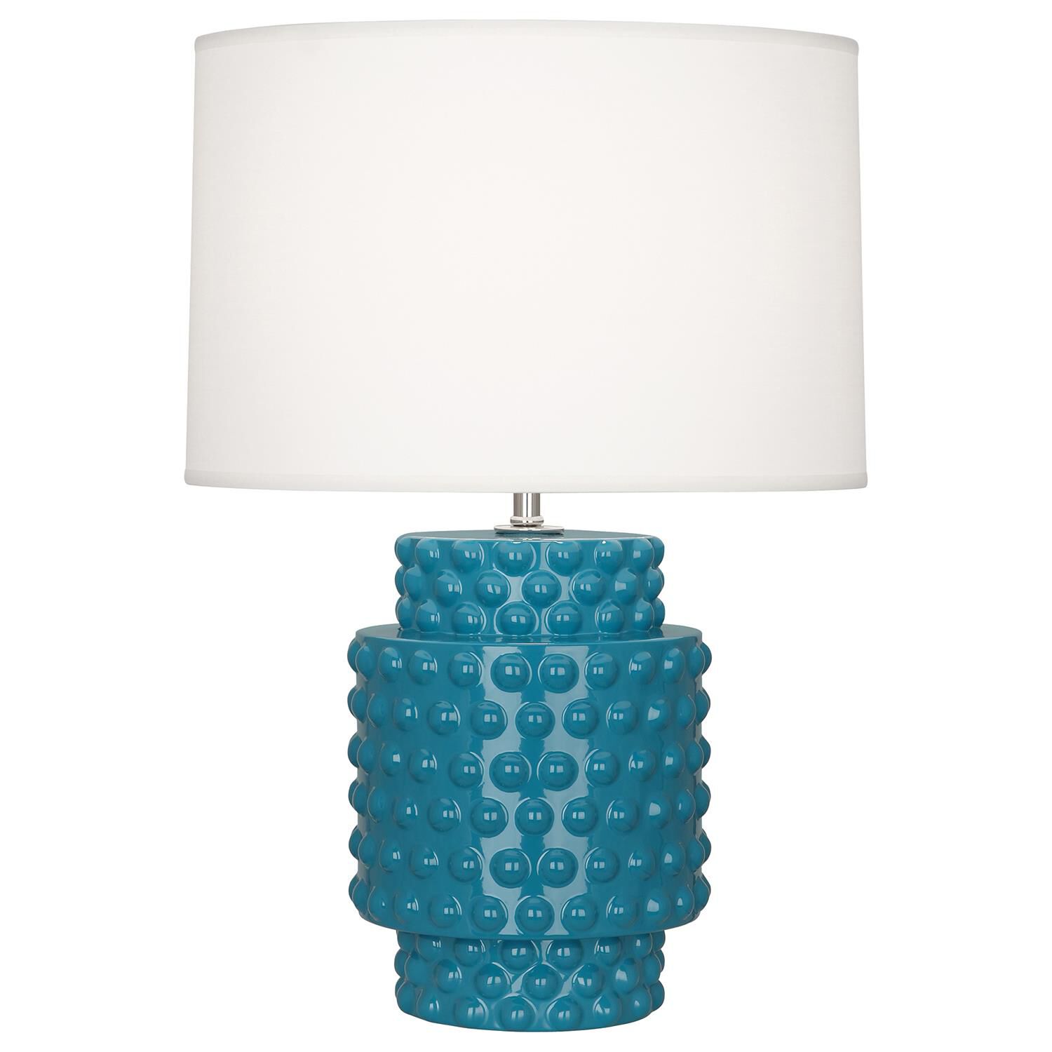 Shown in Peacock Glazed Textured Ceramic finish and Fondine Fabric shade