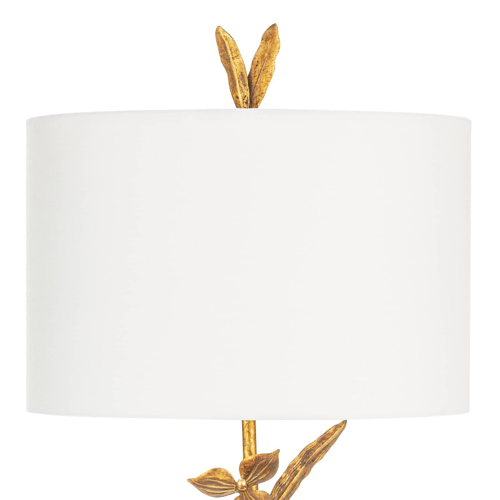 Shown in Brass finish and Linen shade