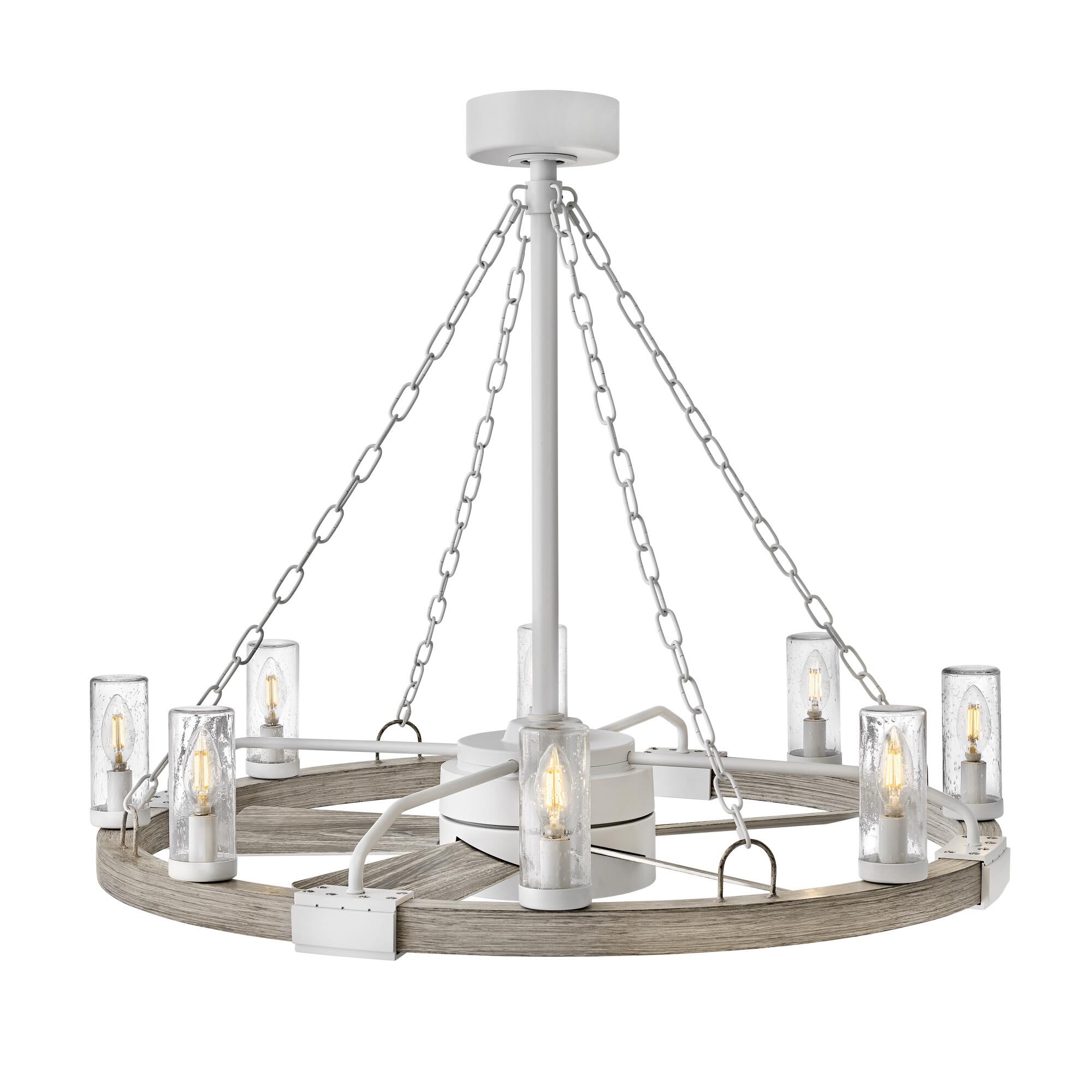 Shown in Matte White finish and Clear Seedy glass