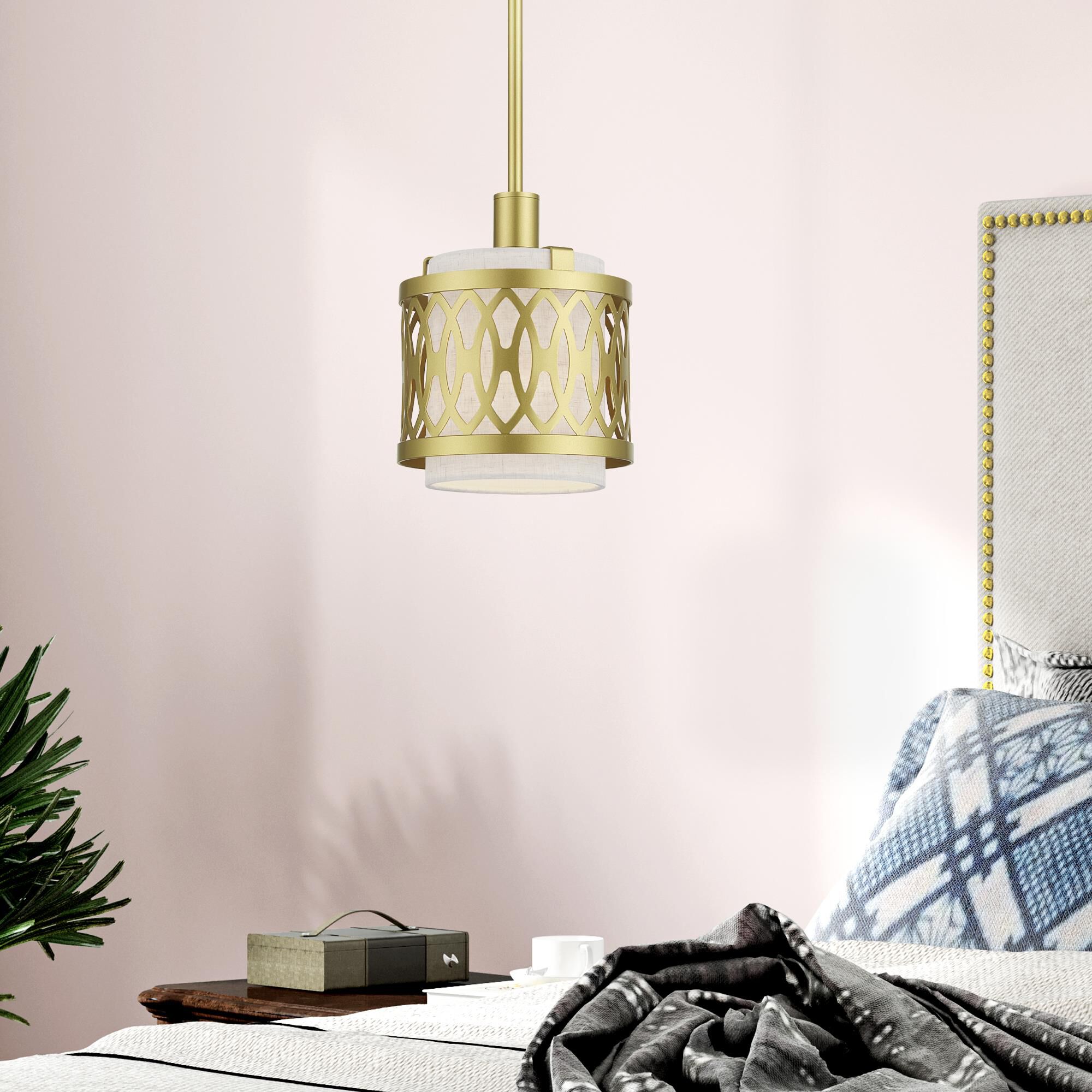 Shown in Soft Gold finish and Hand Crafted Oatmeal Color Hardback shade