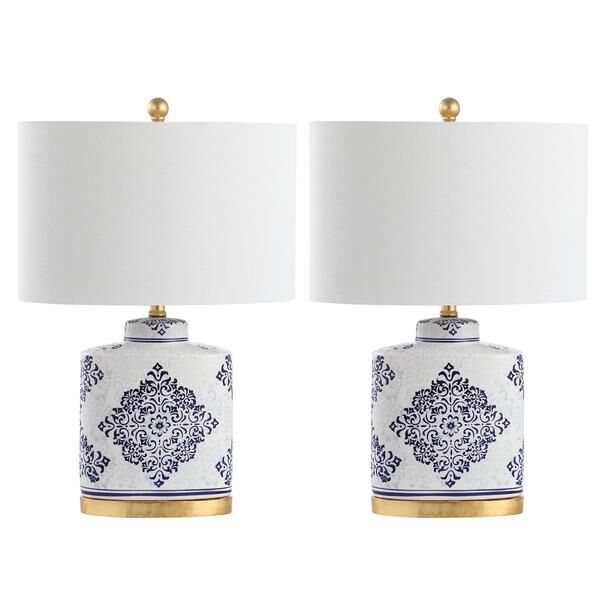Shown in Blue and White finish and Off-White Cotton shade and Set of 2 Lamps accent
