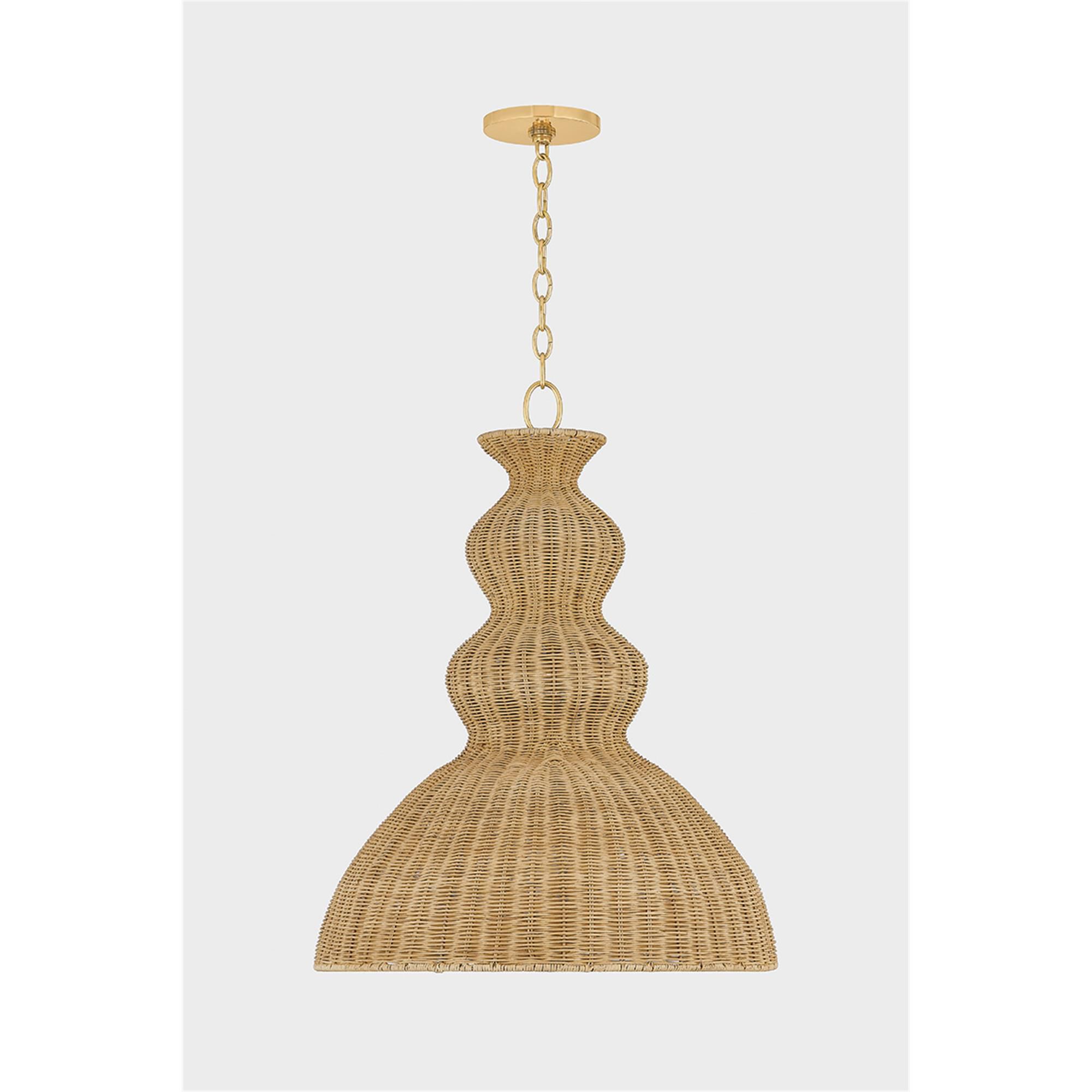 Shown in Aged Brass finish and Light Natural Wicker shade