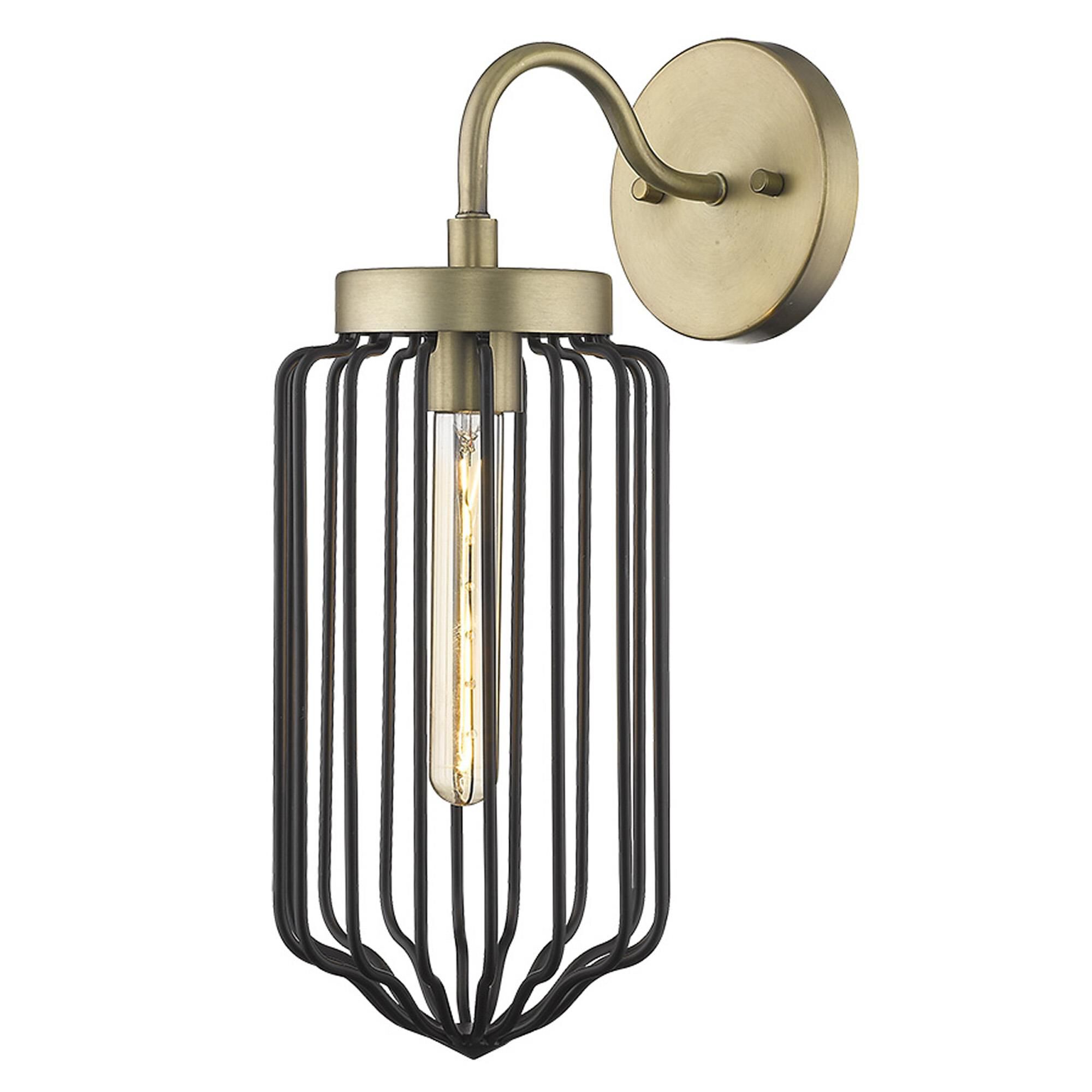 Shown in Aged Brass finish and Black glass and Black, Cylindrical Metal Cage s shade