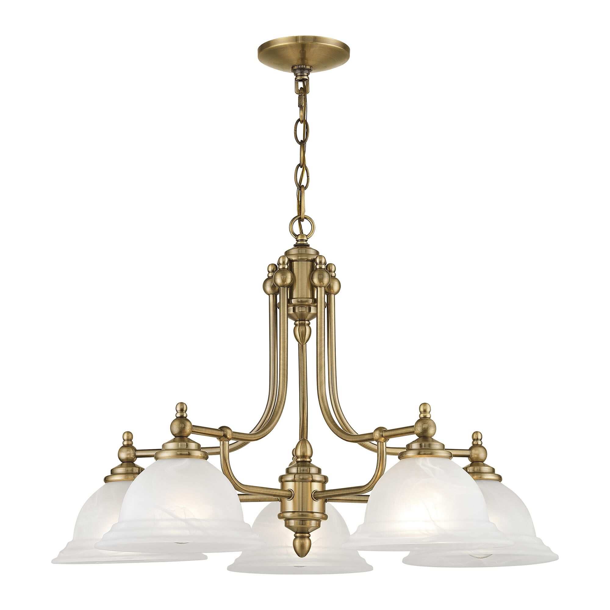 Shown in Antique Brass finish and White Alabaster glass