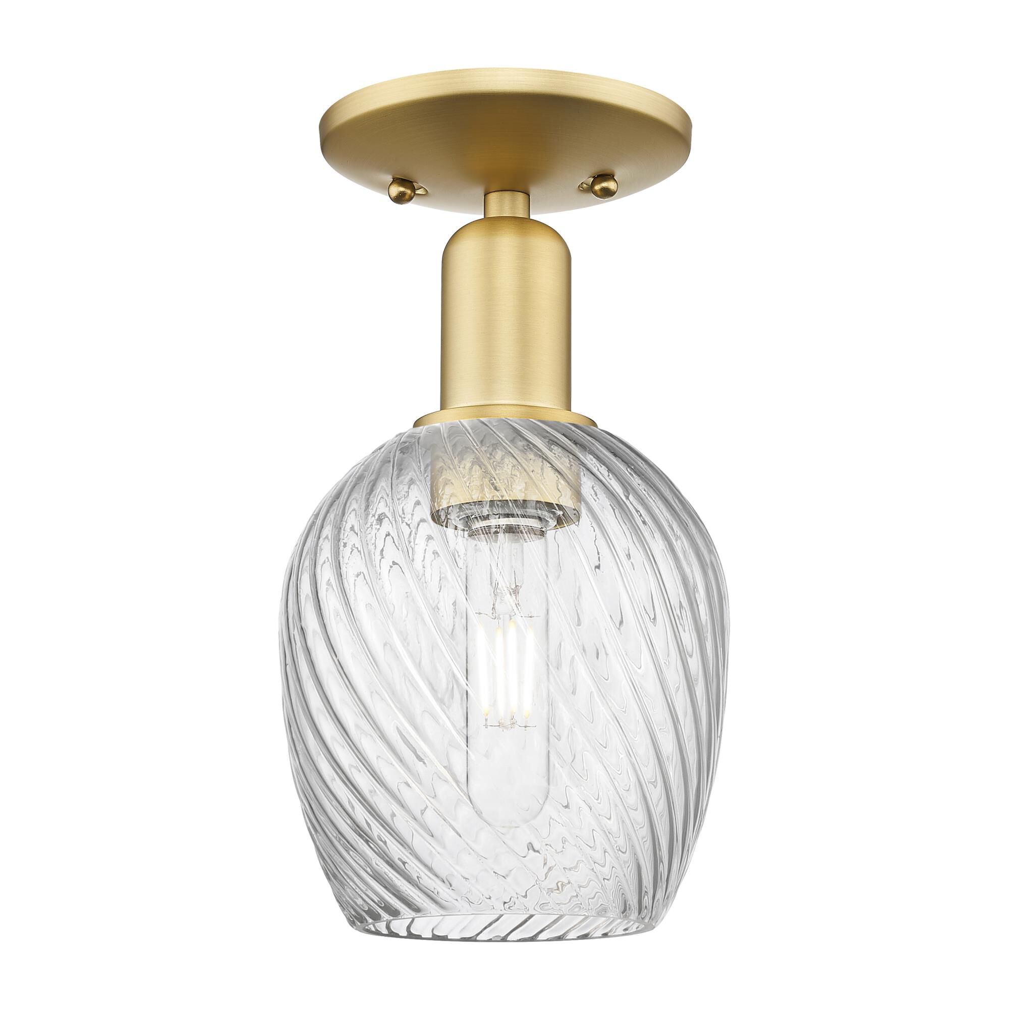 Shown in Satin Gold finish and Clear Spiral Fluted glass