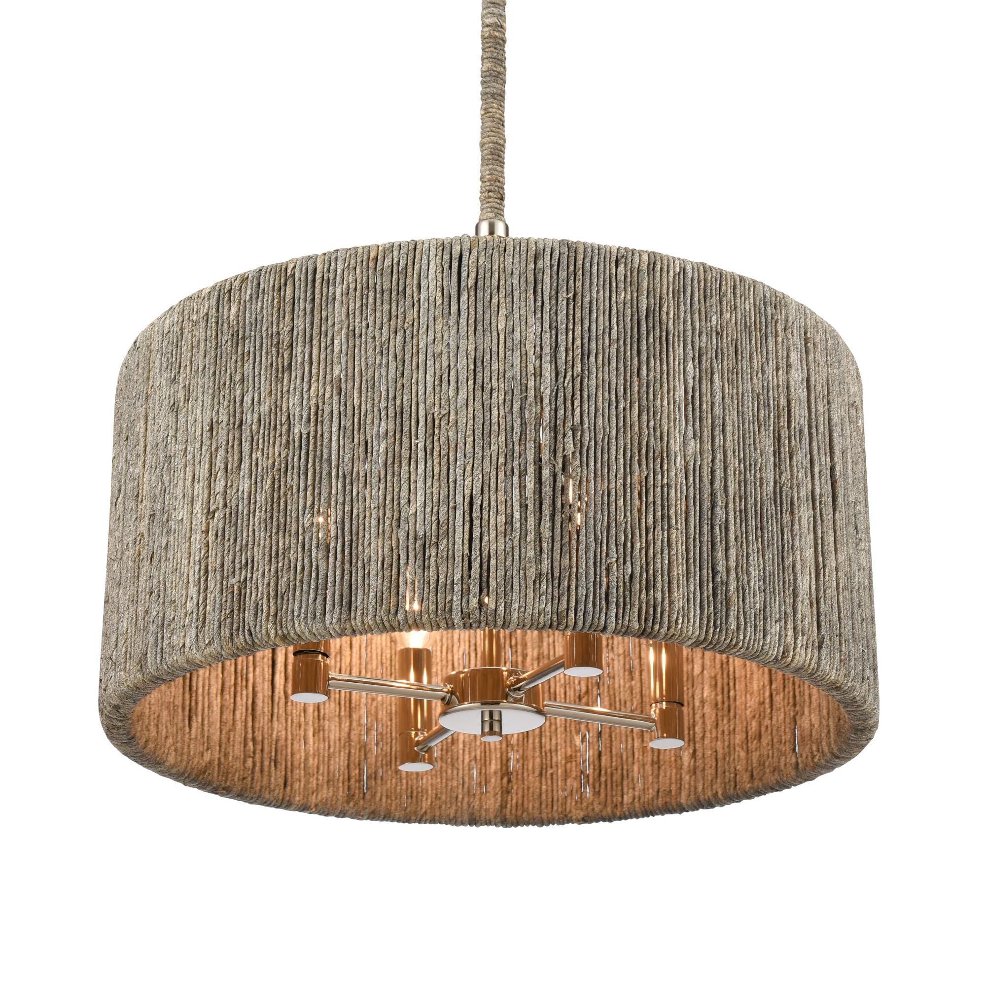 Shown in Polished Nickel finish and Abaca Rope Shade glass
