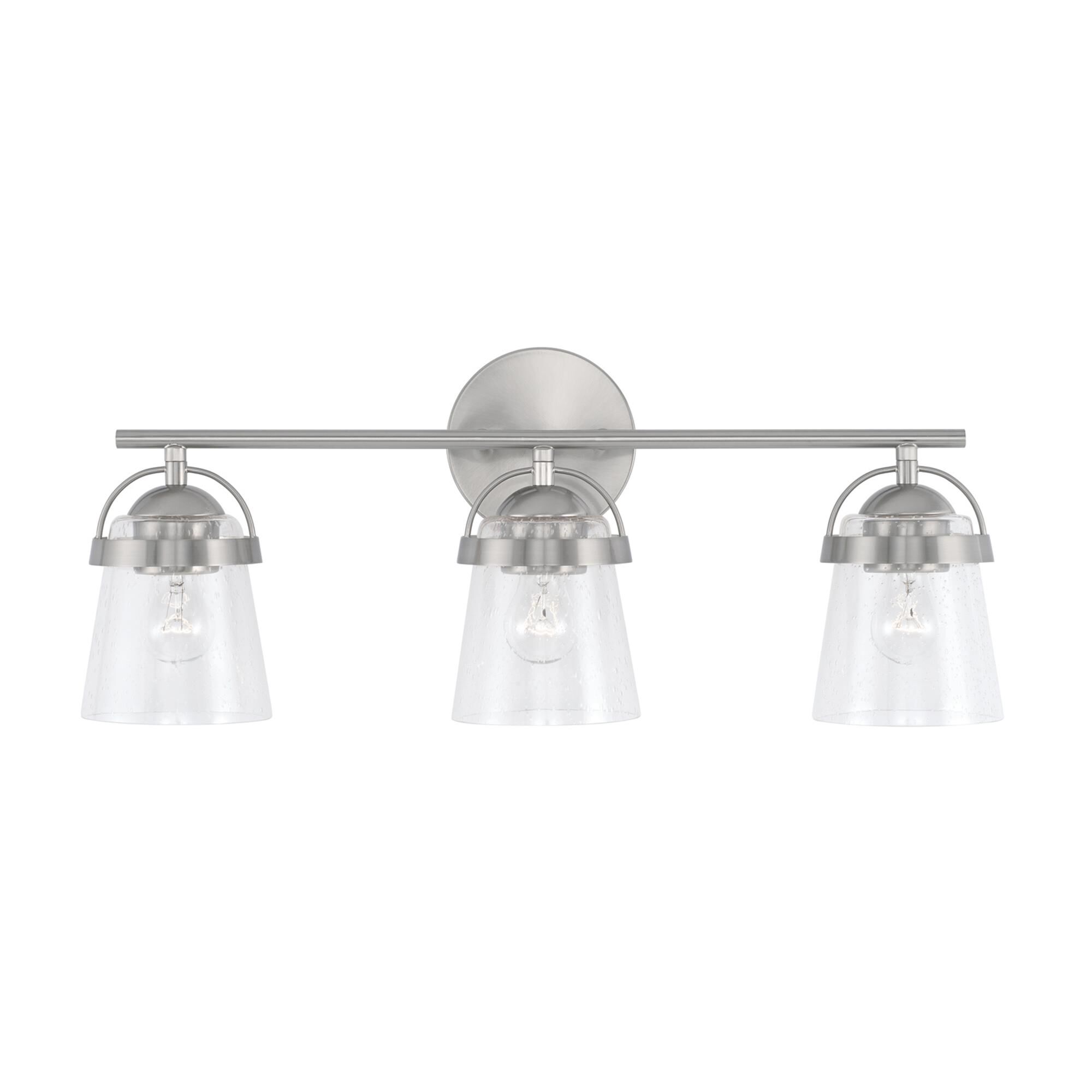 Shown in Brushed Nickel finish and Clear Seeded glass