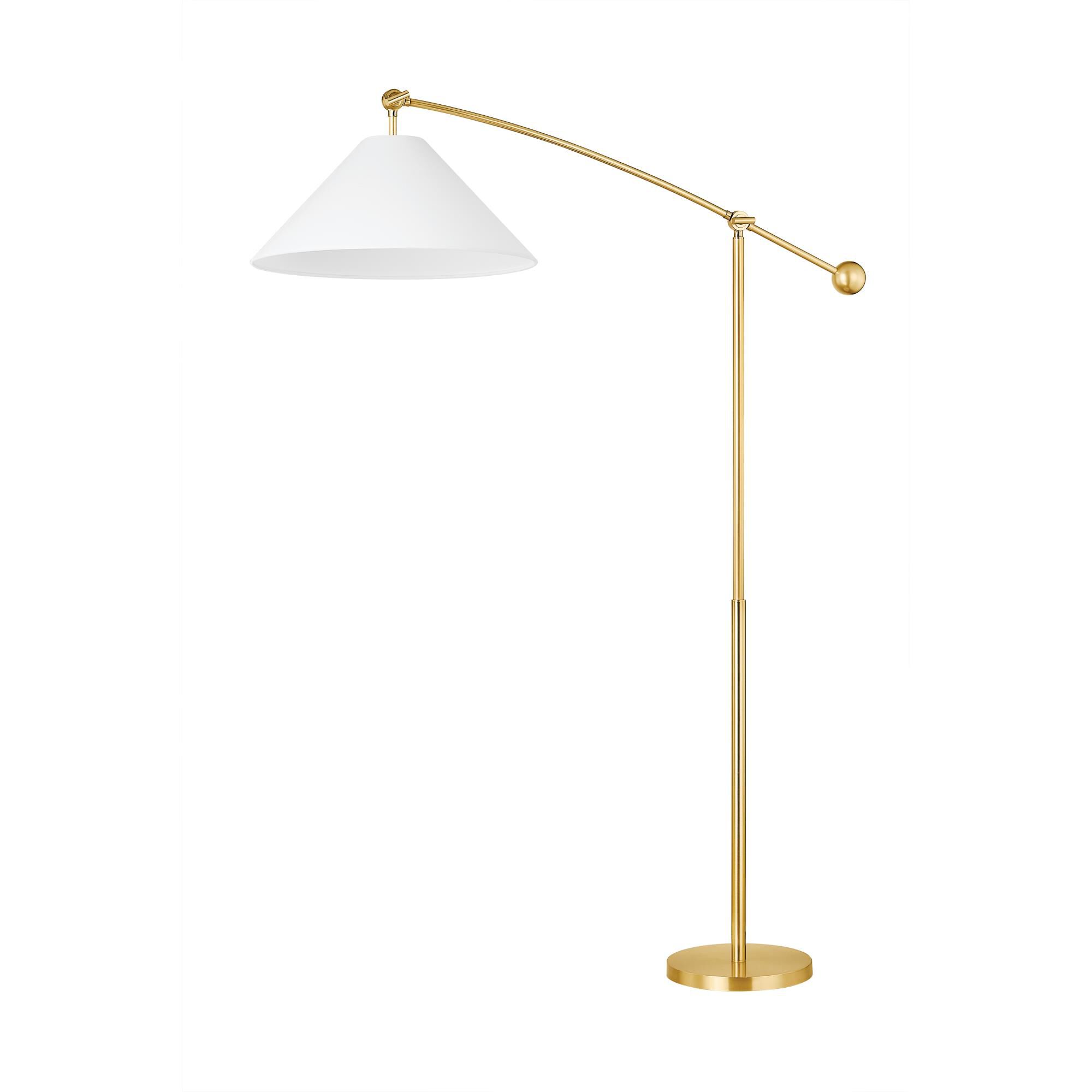 Shown in Aged Brass finish and White Linen shade
