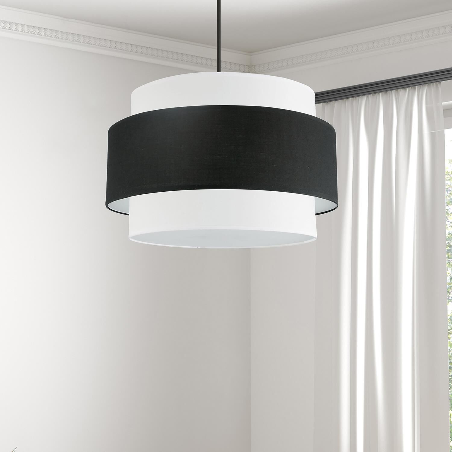 Shown in Black and White finish and Black and White Fabric Drum shade