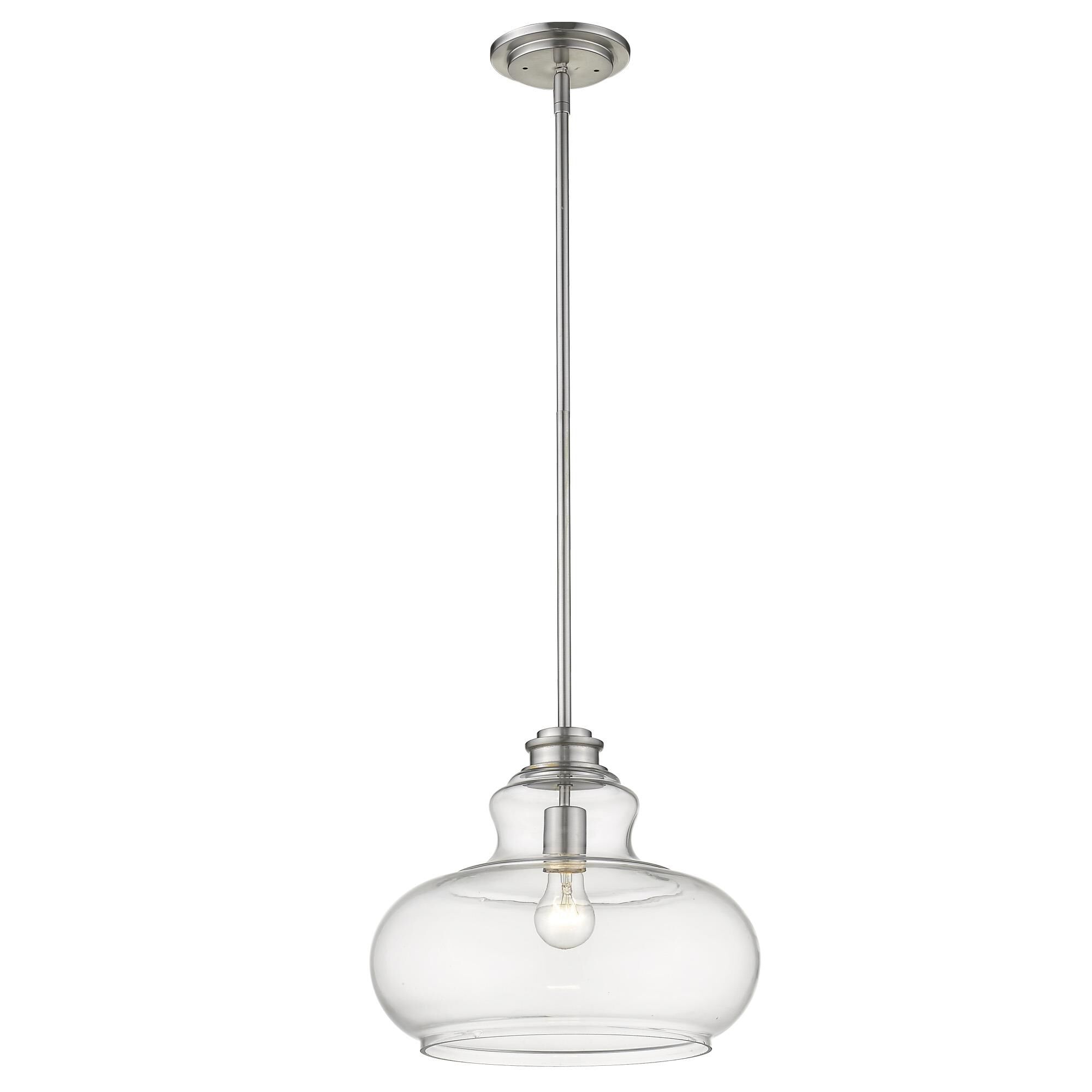 Shown in Satin Nickel finish and Clear glass and Clear, Urn Shaped Glass Globe shade