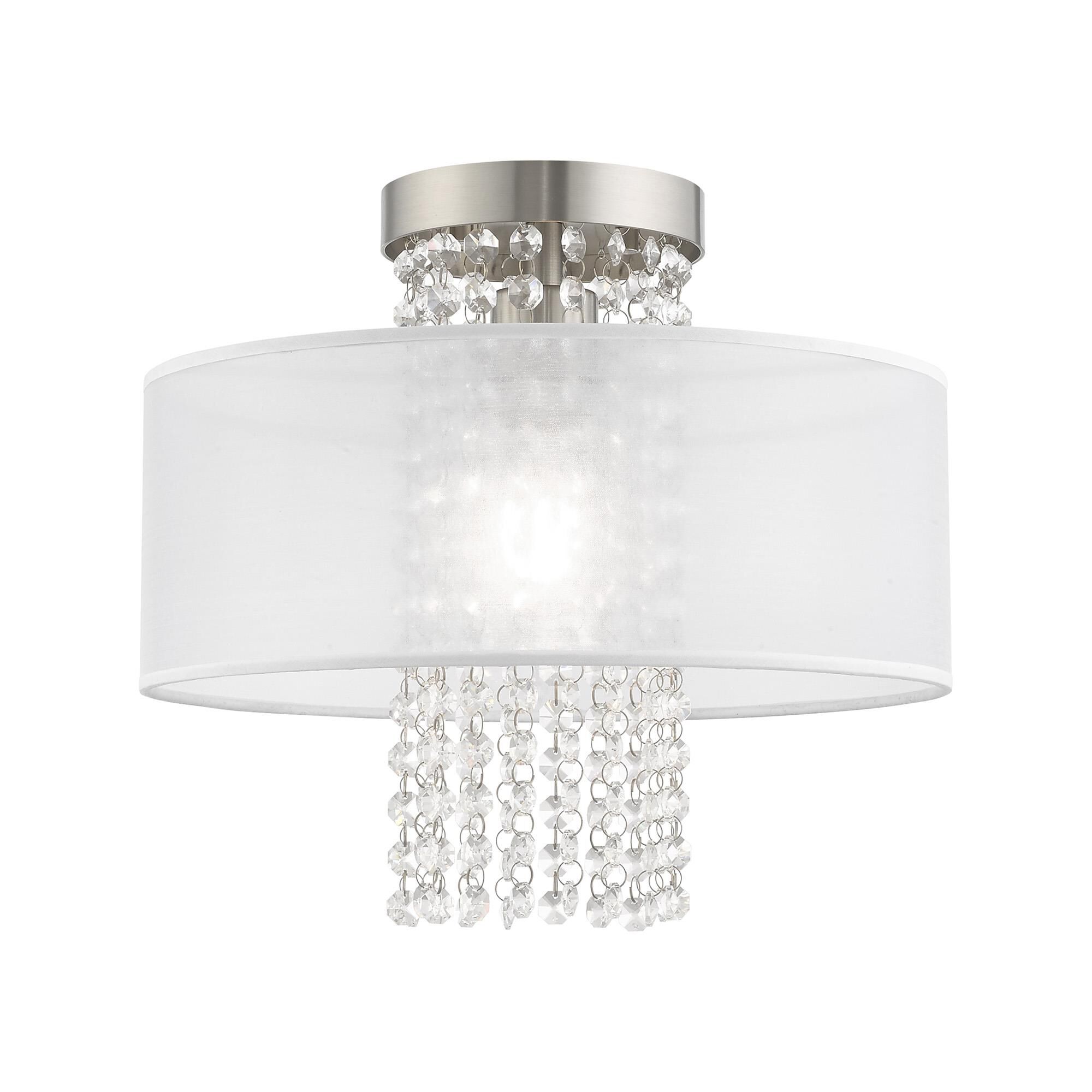 Shown in Brushed Nickel finish and Clear Crystals with Hand Crafted Translucent Fabric shade