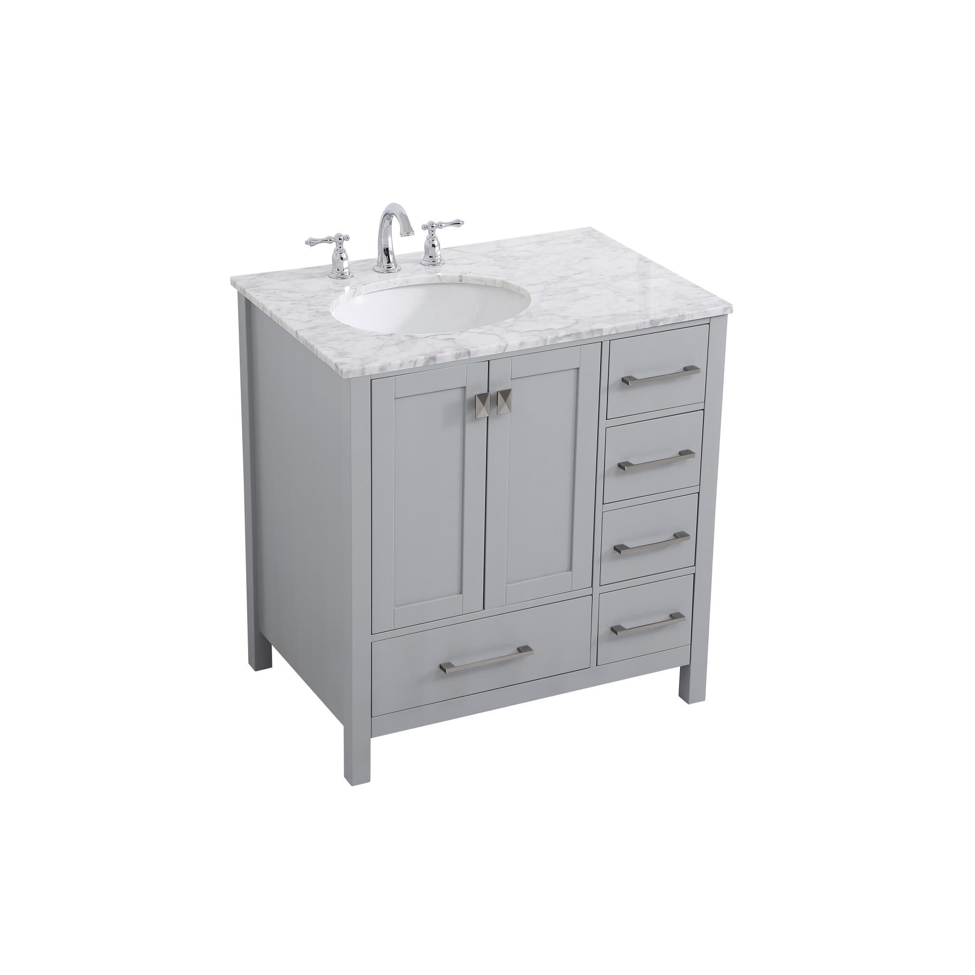 Shown in Gray And Brushed Nickel With Carrara White Marble finish