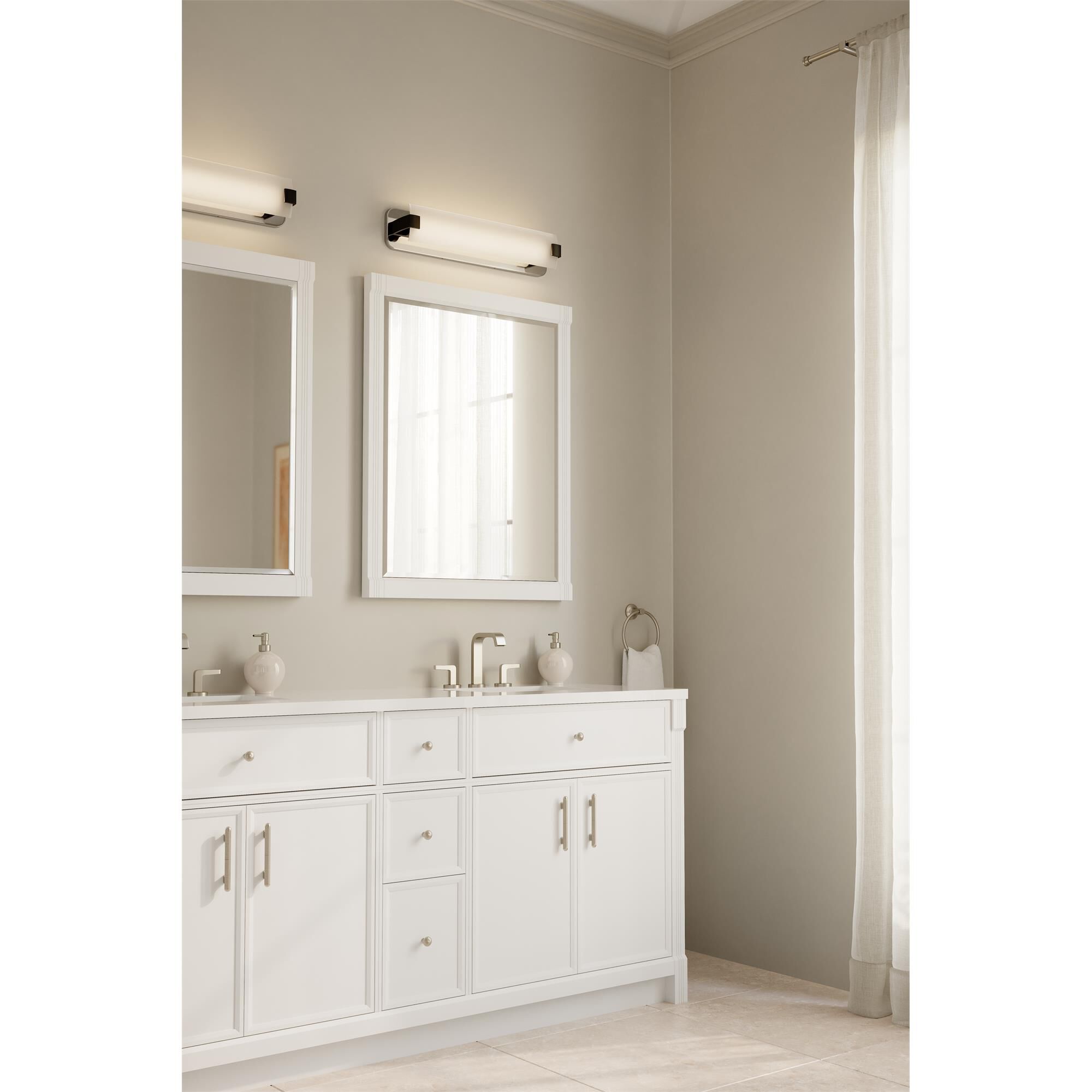 Shown in Chrome and Dark Matte Black finish and Etched White glass