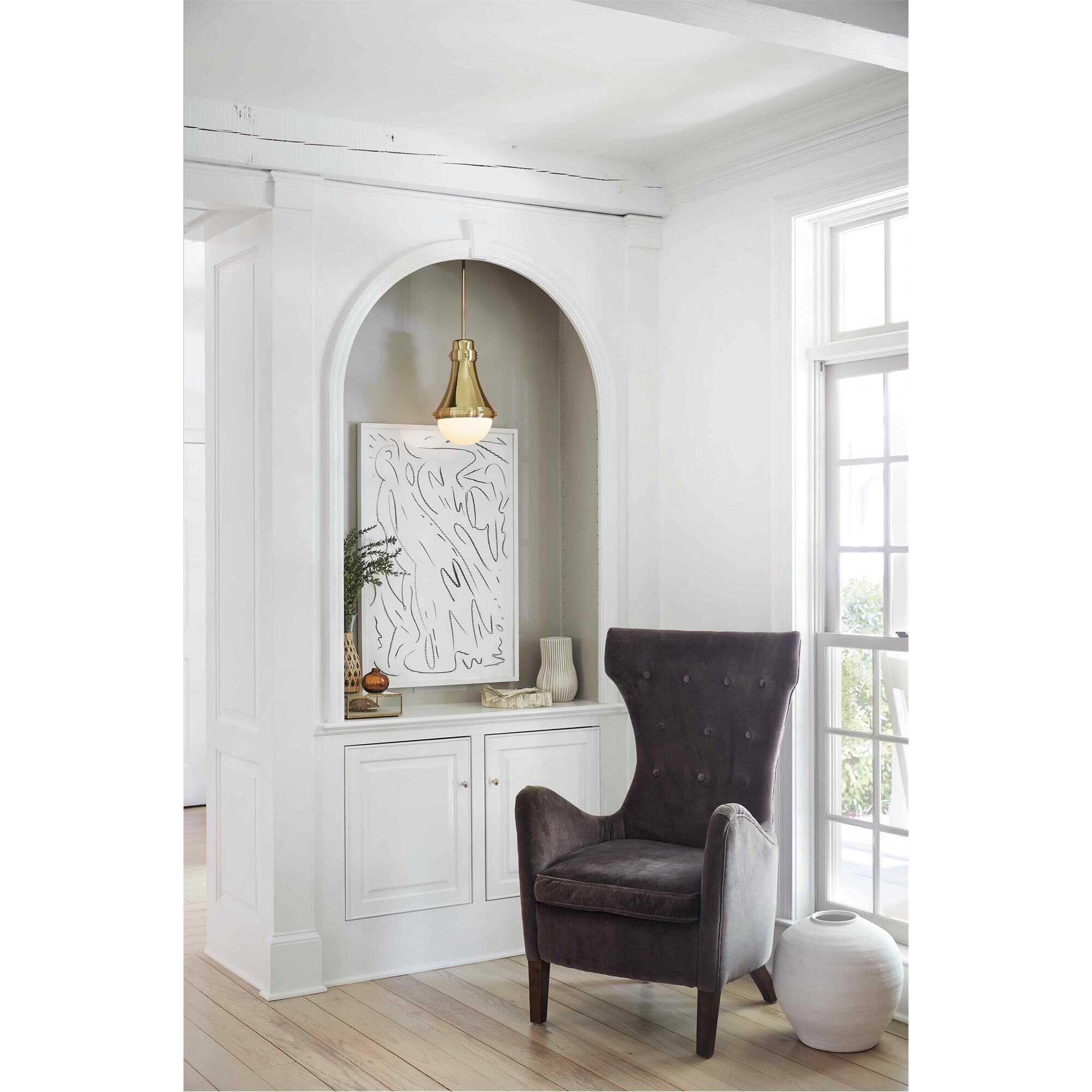 Shown in Bright Brass finish and Etched Opal glass and Bright Brass accent