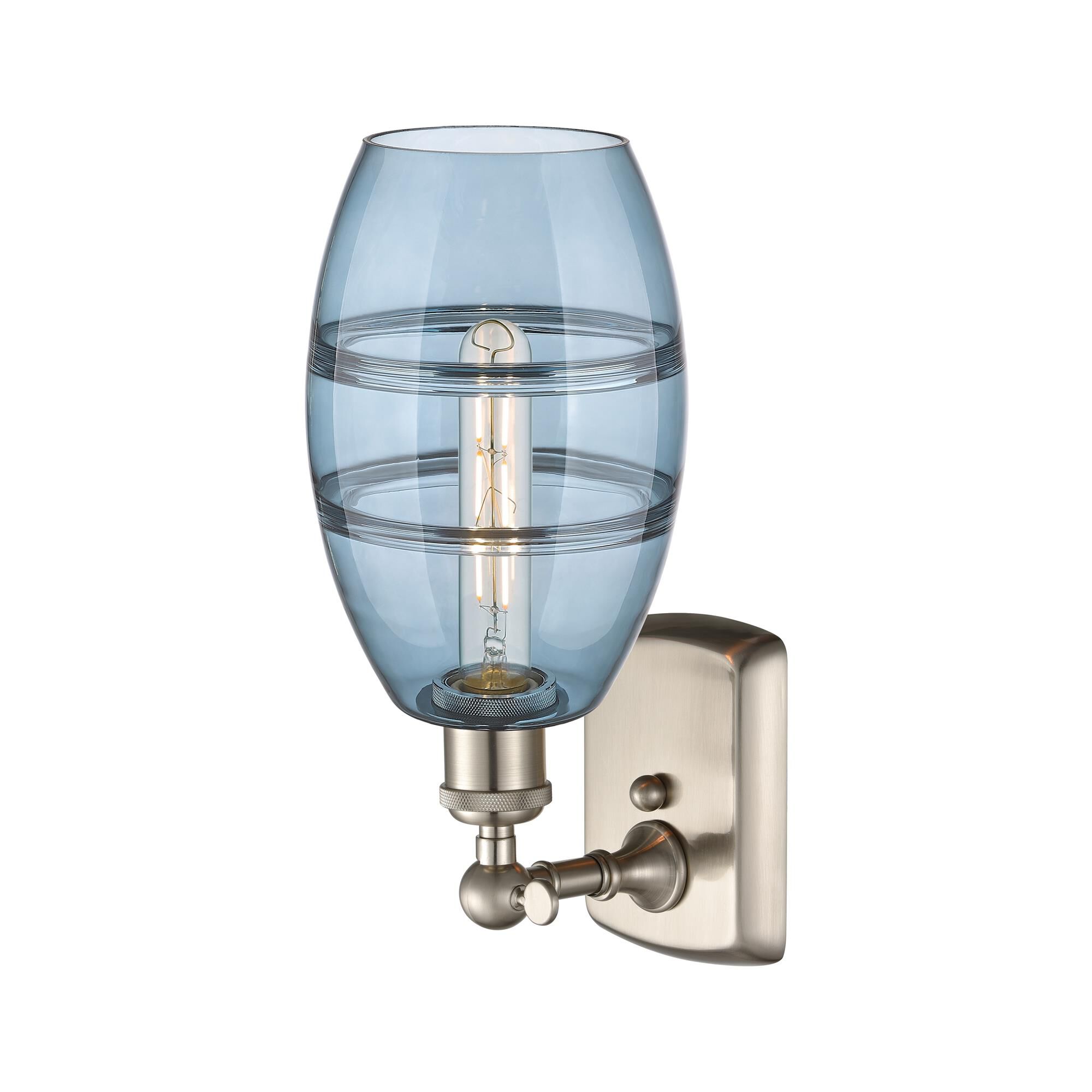 Shown in Brushed Satin Nickel finish and Princess Blue glass