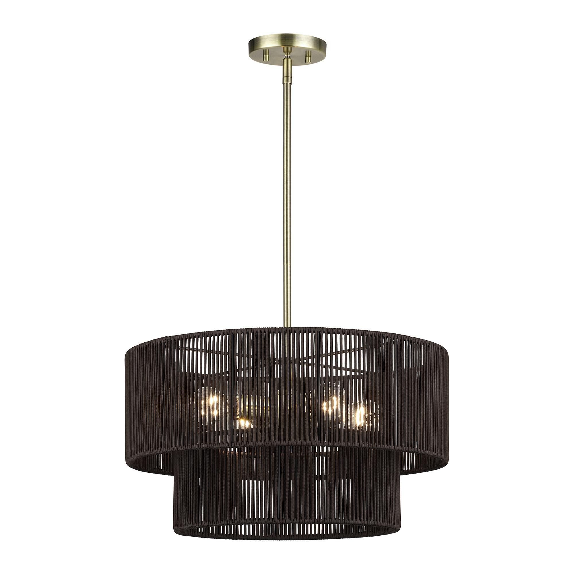 Shown in Antique Brass finish and Hand-Woven Dark Chocolate Color Polyester Rope shade
