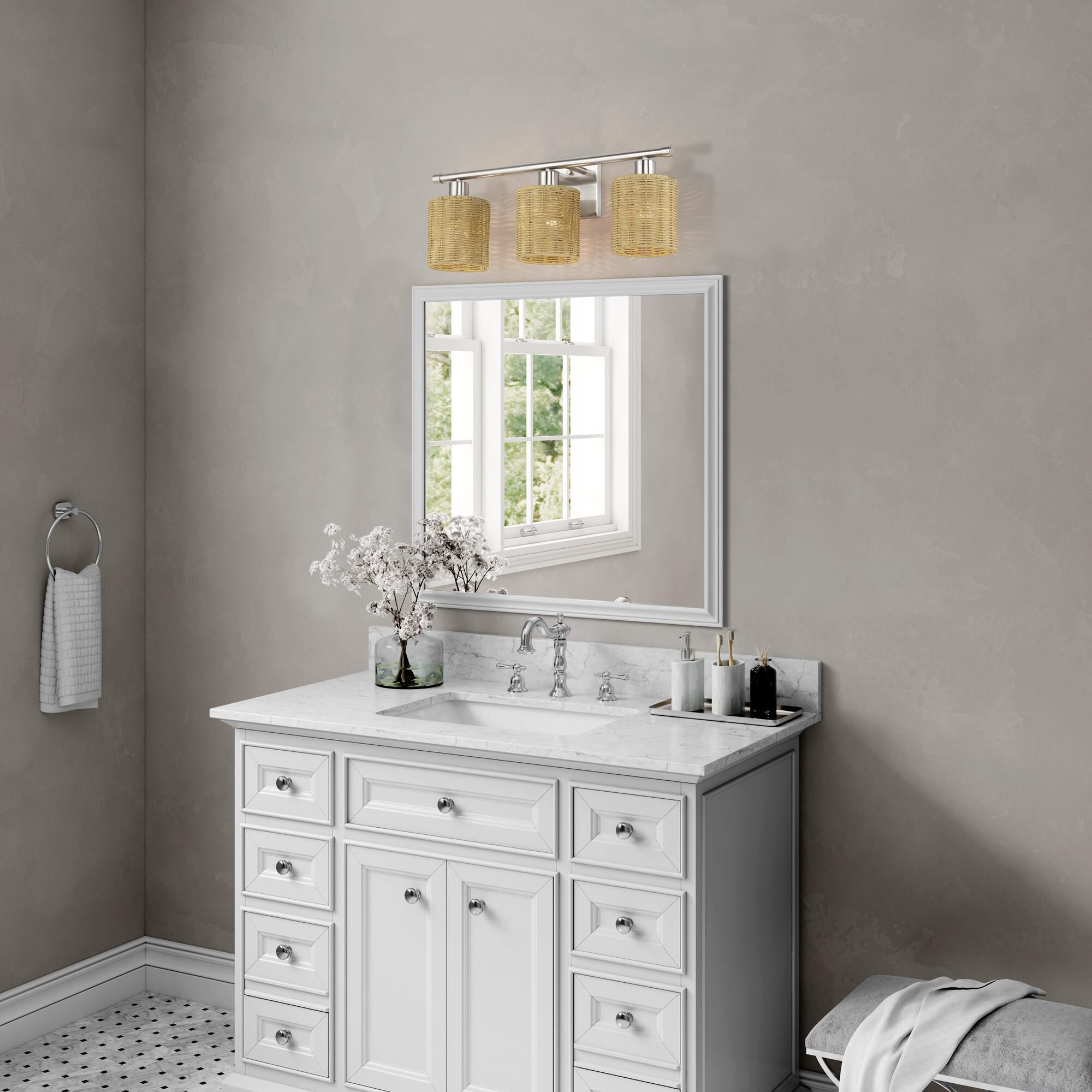 Shown in Brushed Nickel finish and Hand-Woven Rustic Walnut Color Rattan shade