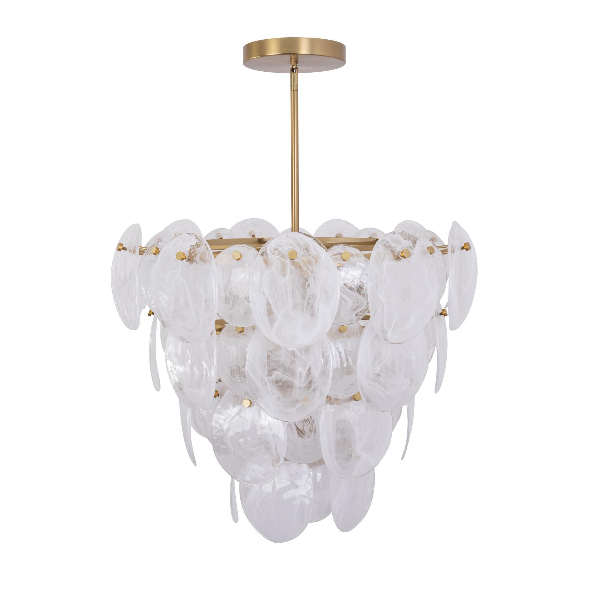 Shown in Brushed Brass finish and Wispy White Murano Style glass