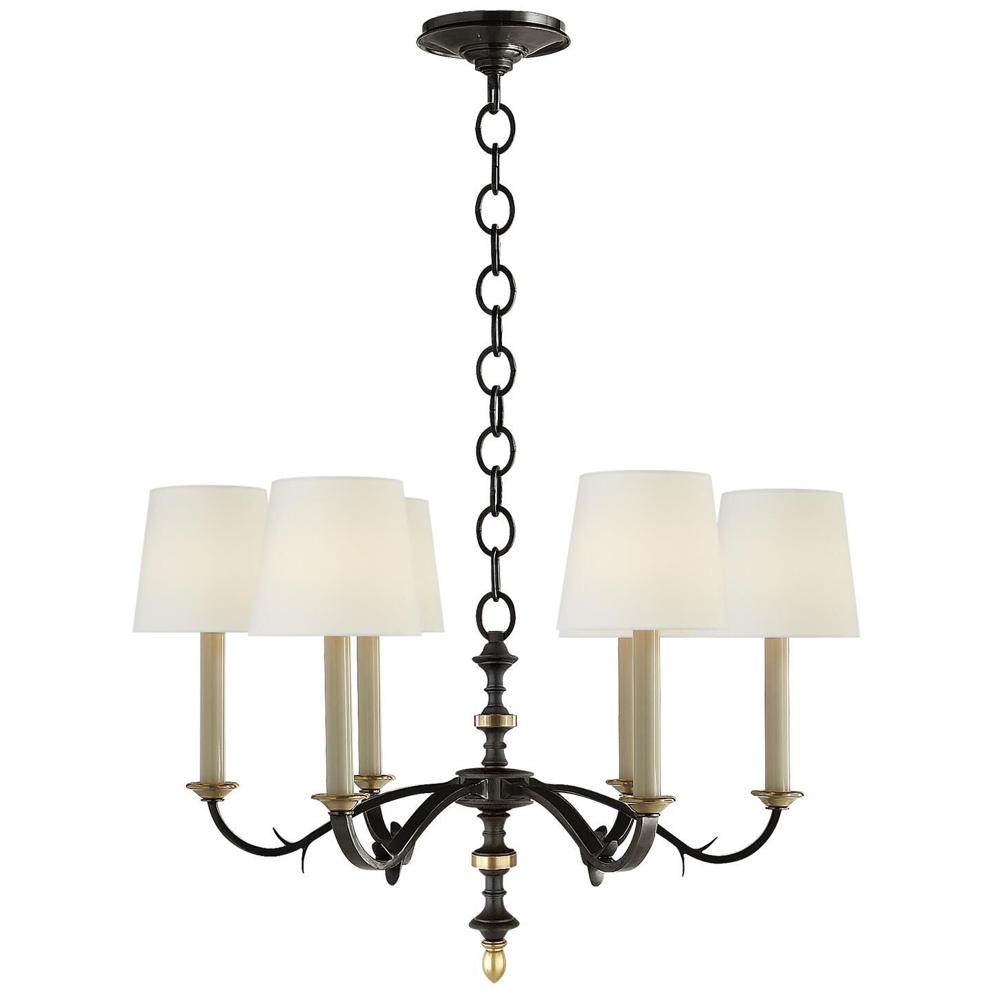 Shown in Black And Brass finish and Linen shade