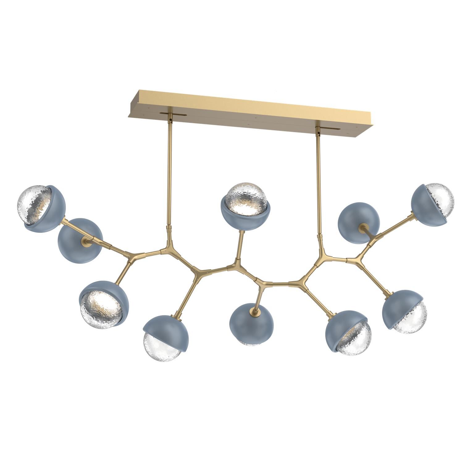 Shown in Gilded Brass finish and Clear glass and Poppy Blue accent