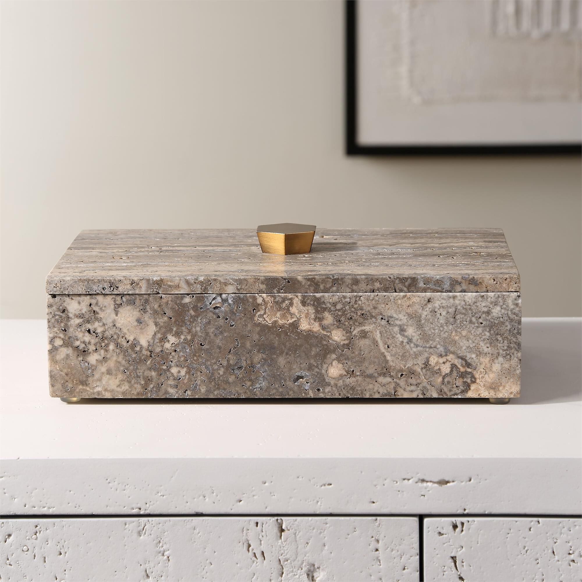 Shown in Need An Elegant Hide Away To Stash Small Items? This Gray Unfilled Travertine Box With Bronze Handle finish