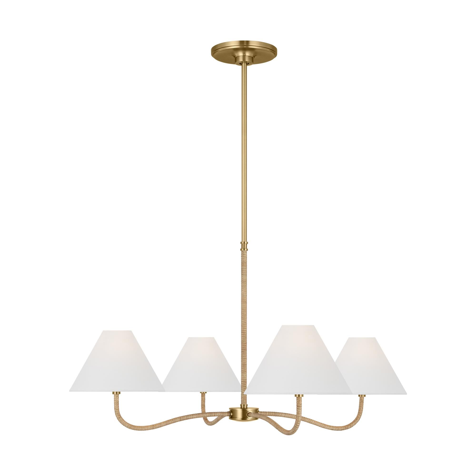 Shown in Burnished Brass finish and White Linen shade