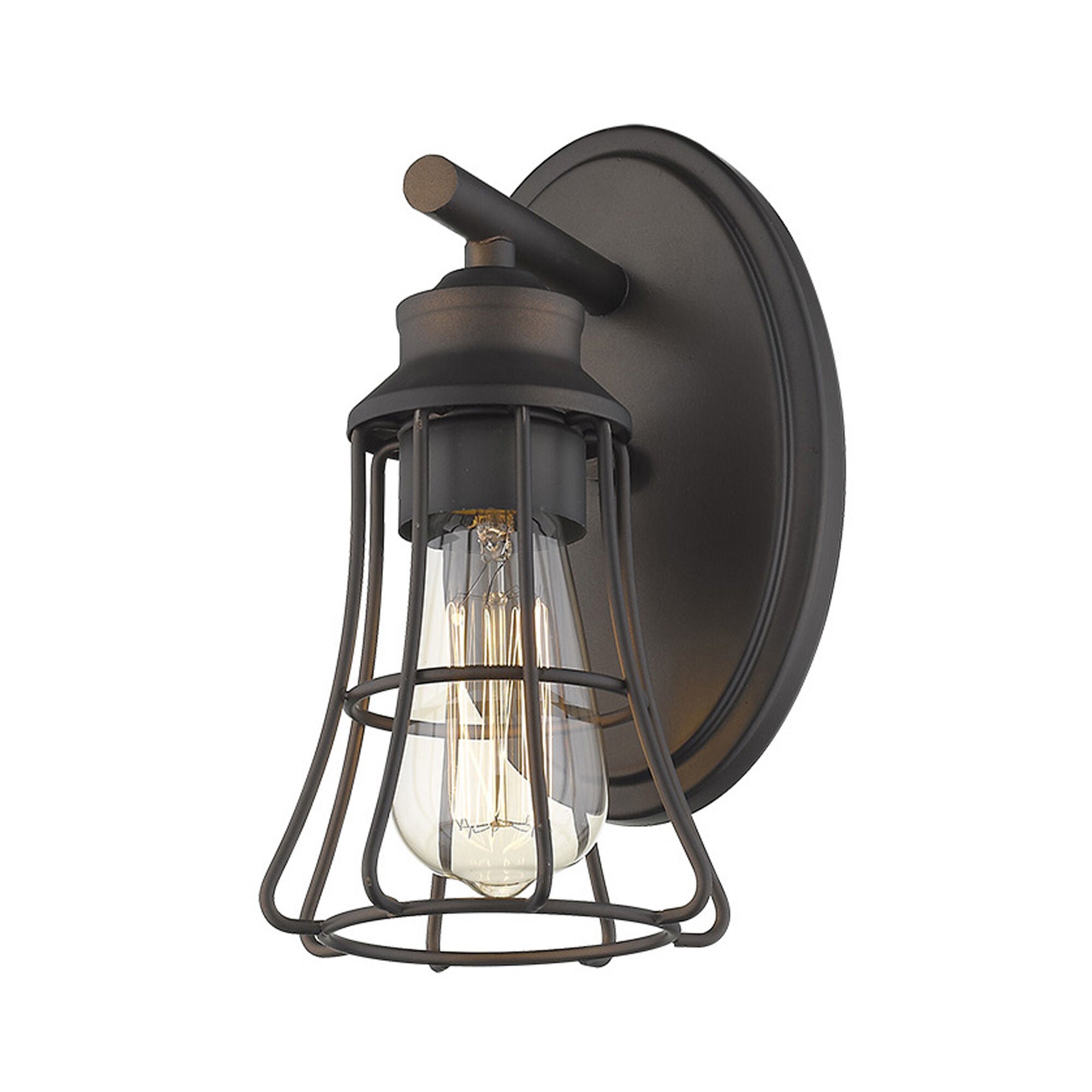 Shown in Oil-Rubbed Bronze finish and Oil-Rubbed Bronze glass and Oil-Rubbed Bronze, Geometric Metal Cage shade