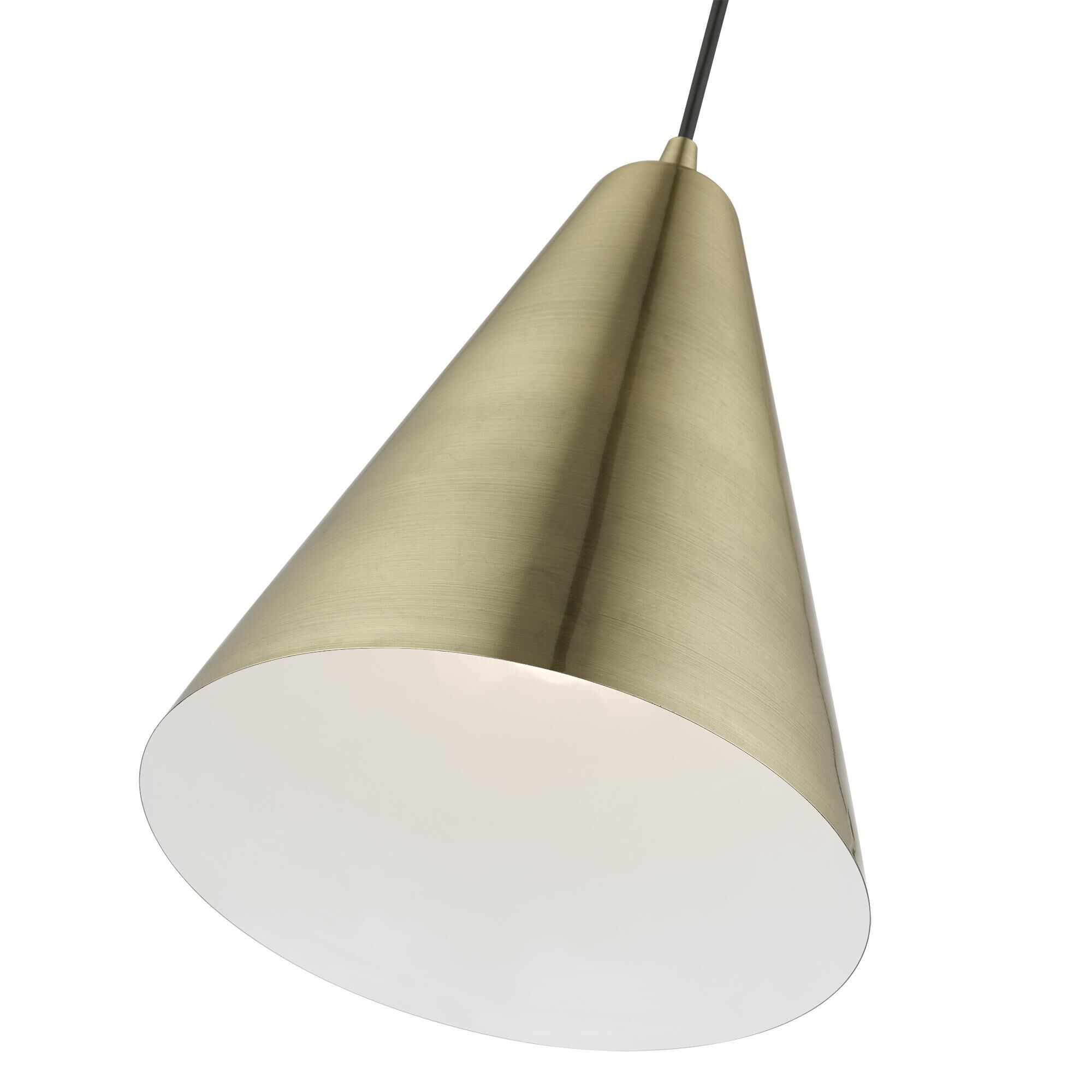 Shown in Antique Brass finish and Antique Brass Metal with Shiny White Inside shade