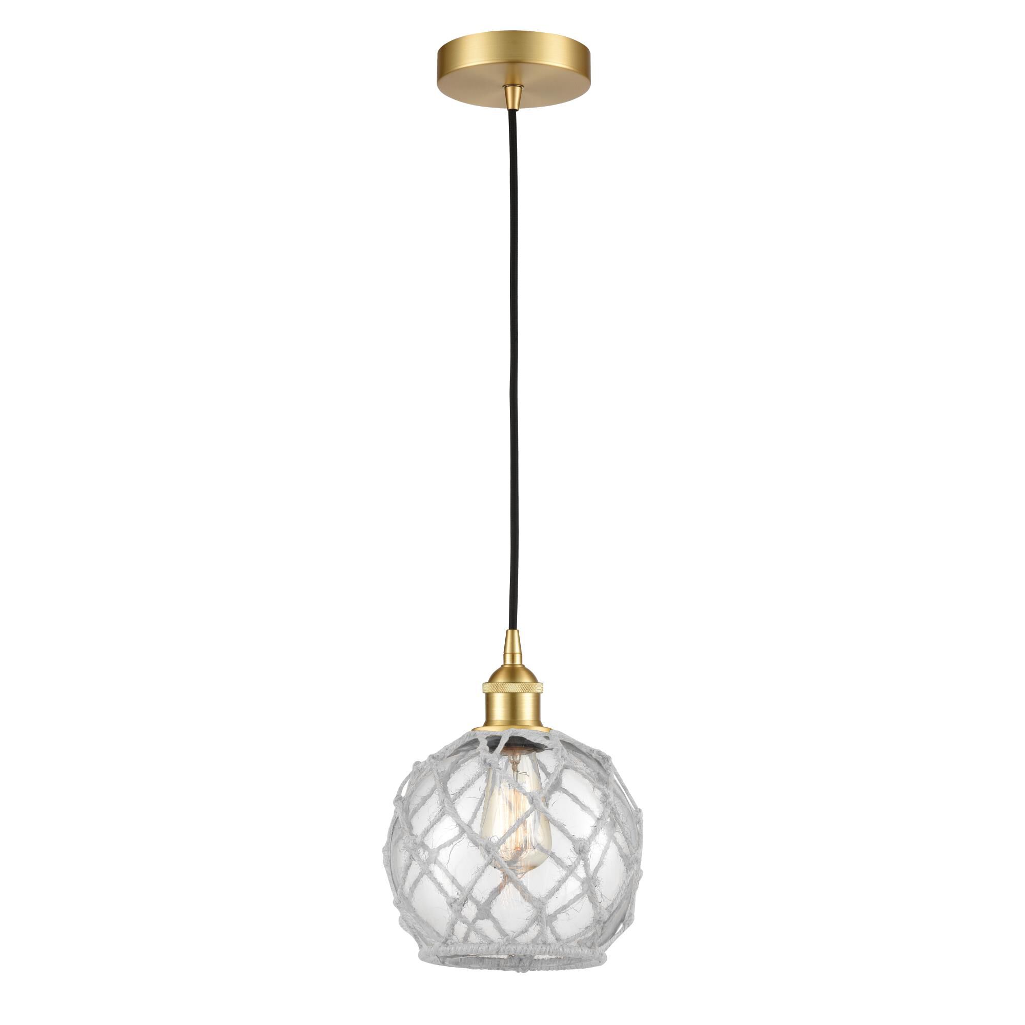 Shown in Satin Gold finish and Clear Farmhouse With White Rope glass and No Shade shade