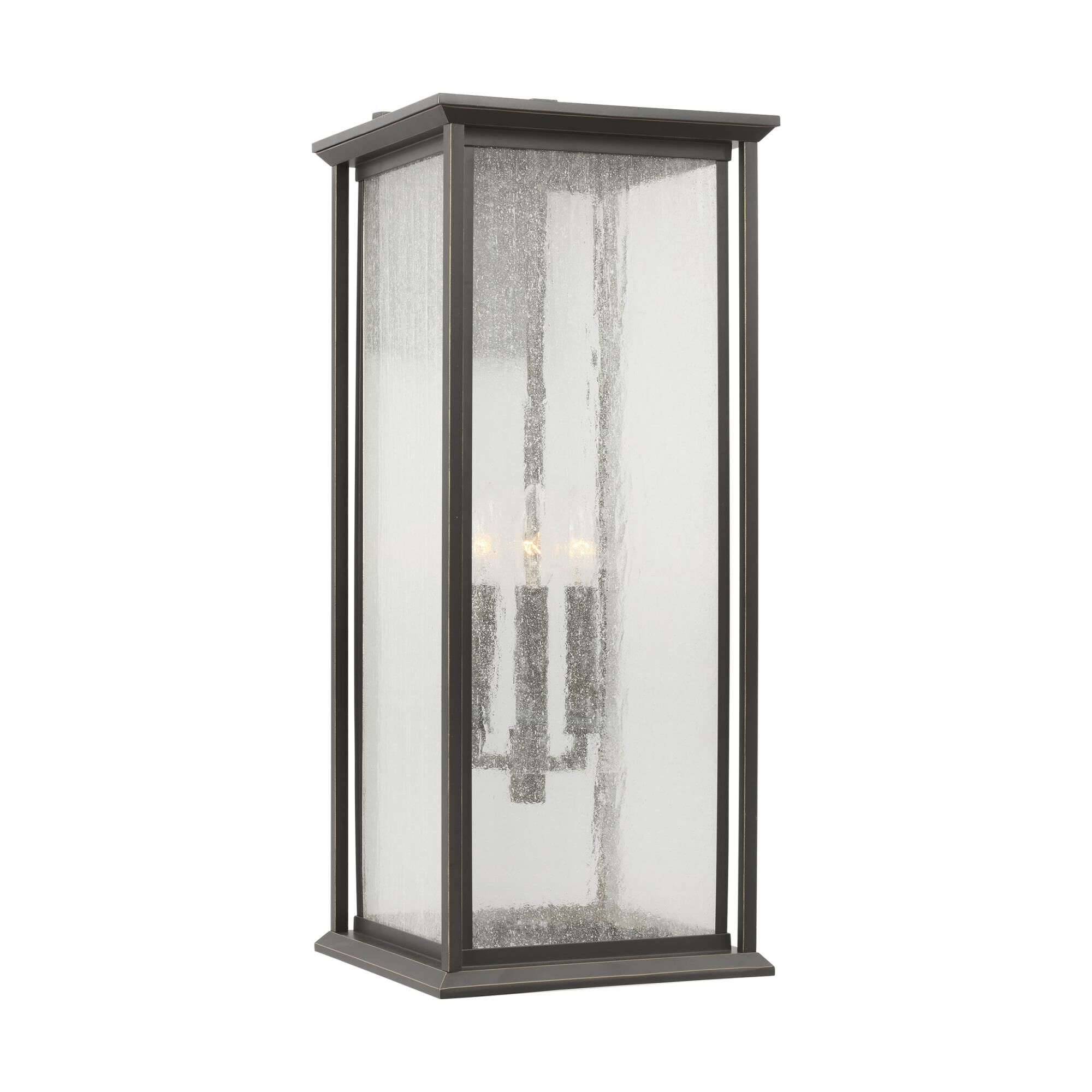 Shown in Antique Bronze finish and Distressed Seeded Glass Panels shade