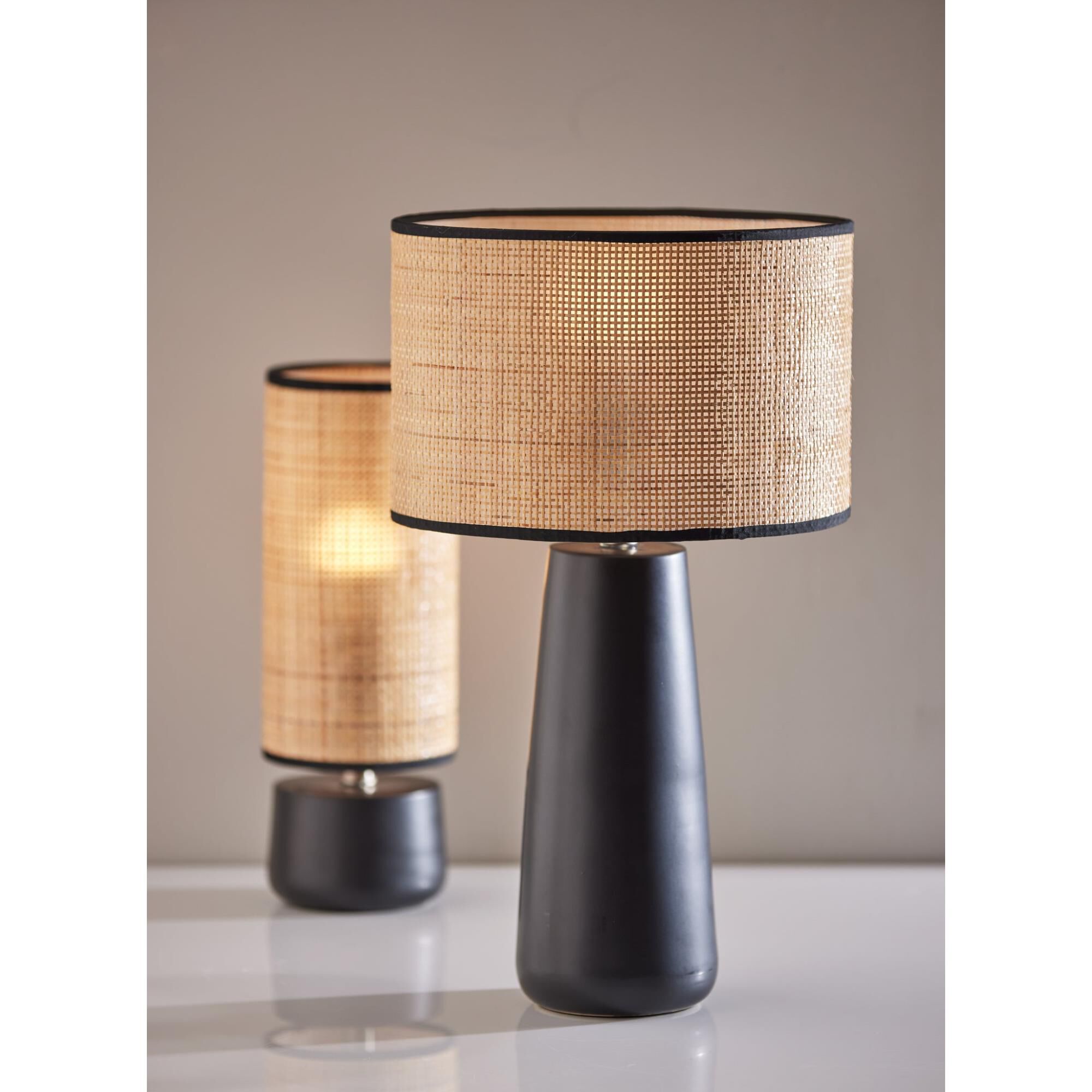 Shown in Black finish and Rattan shade